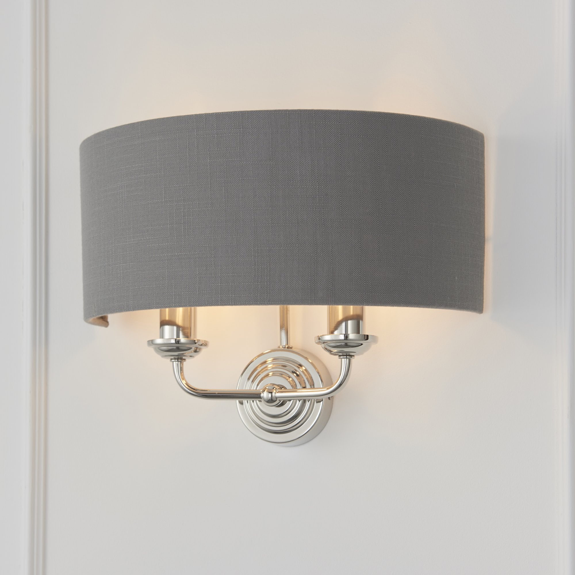 Endon Highclere 2 Light Wall Light - Bright Nickel Plate & Charcoal Fabric