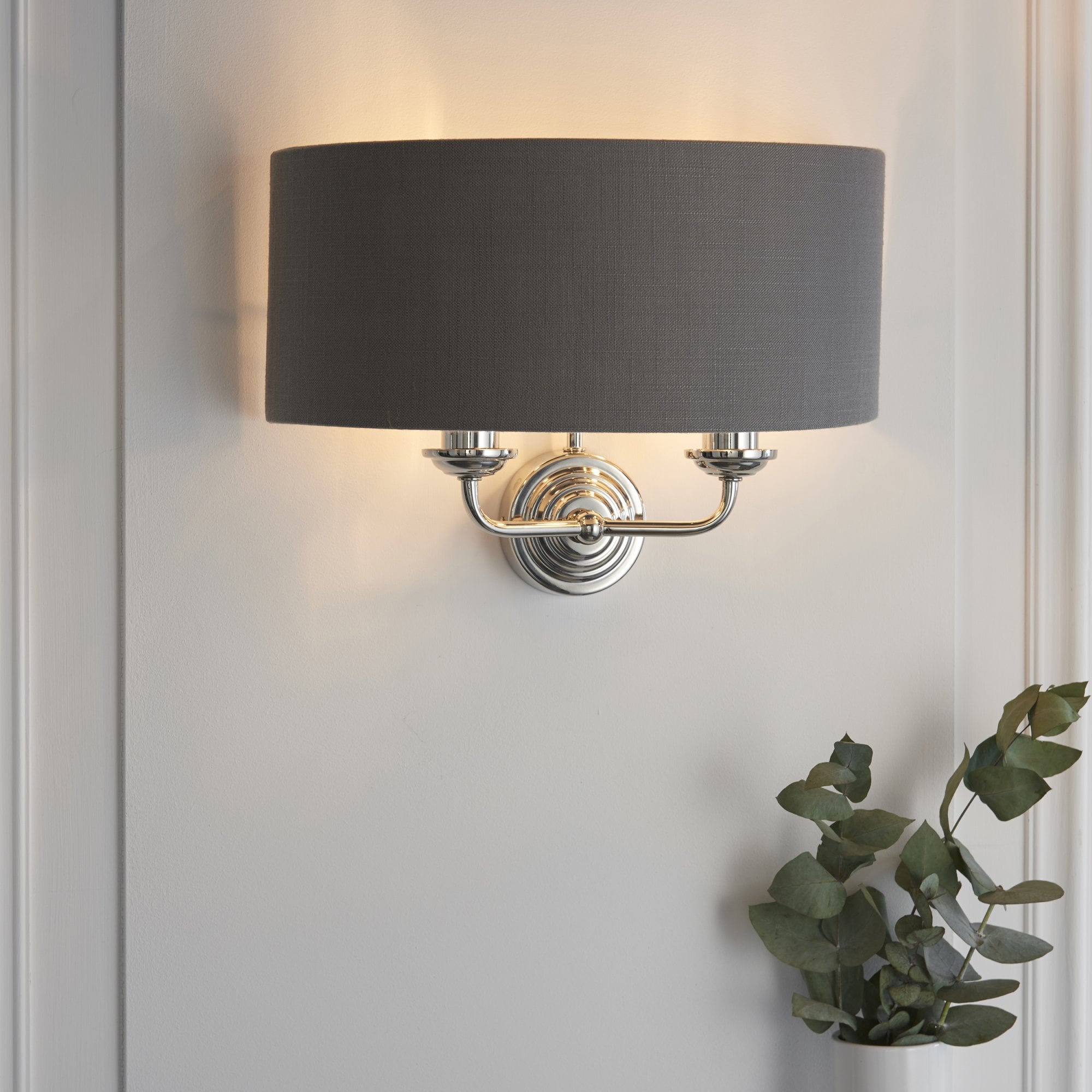 Endon Highclere 2 Light Wall Light - Bright Nickel Plate & Charcoal Fabric