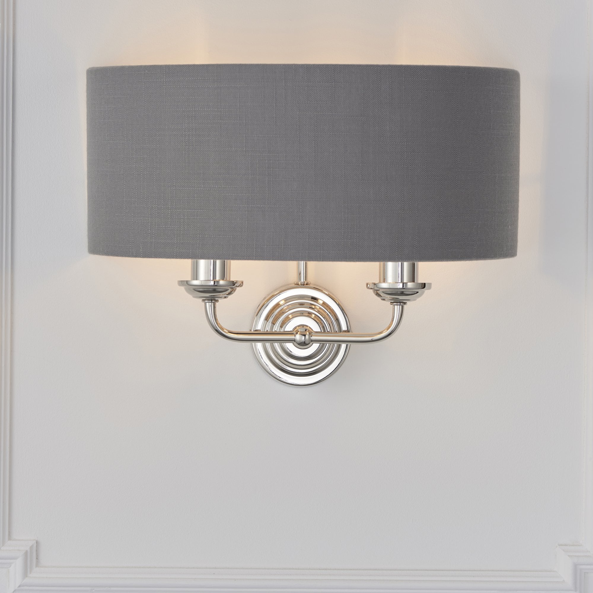 Endon Highclere 2 Light Wall Light - Bright Nickel Plate & Charcoal Fabric