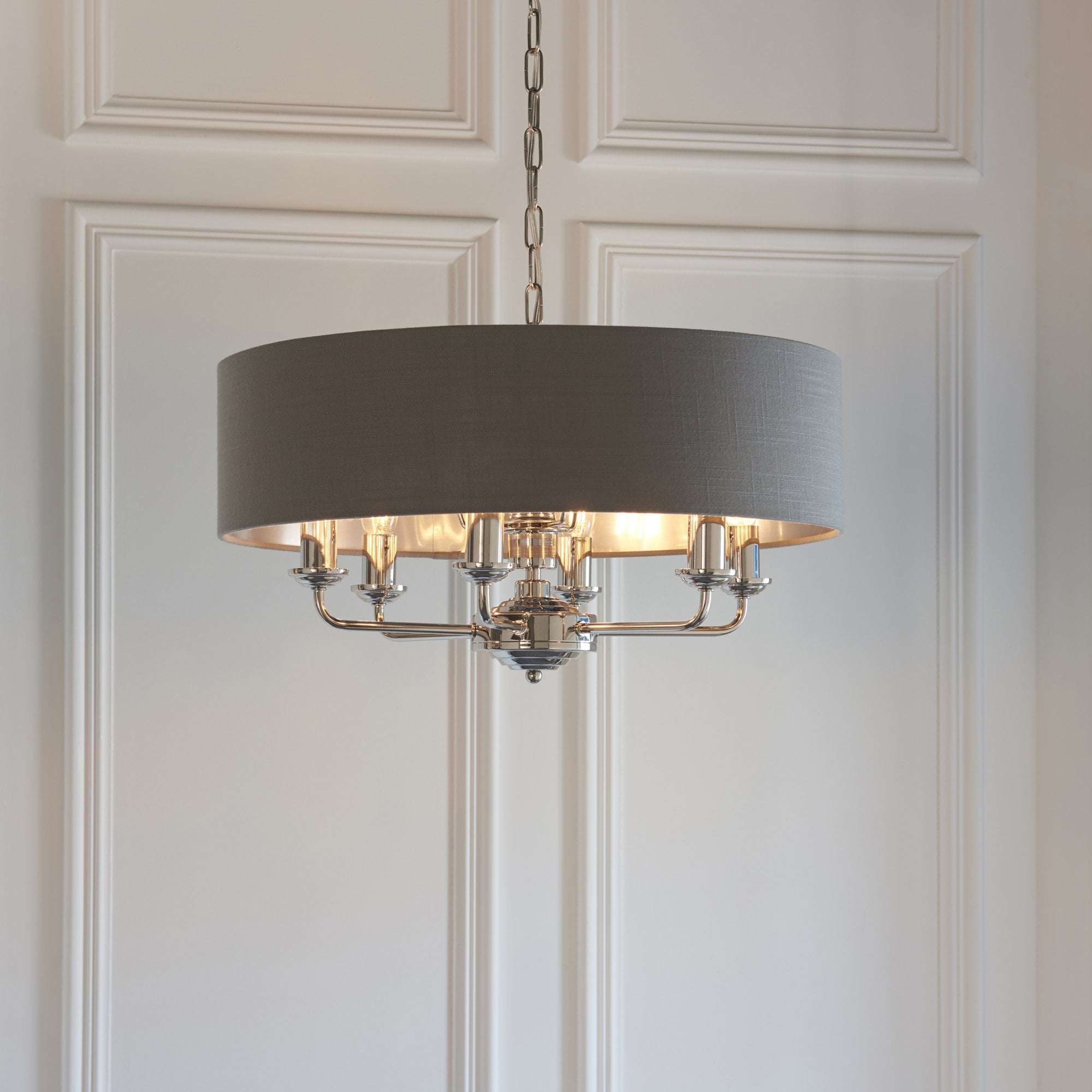 Endon Highclere 8 Light Pendant - Bright Nickel Plate & Charcoal Fabric