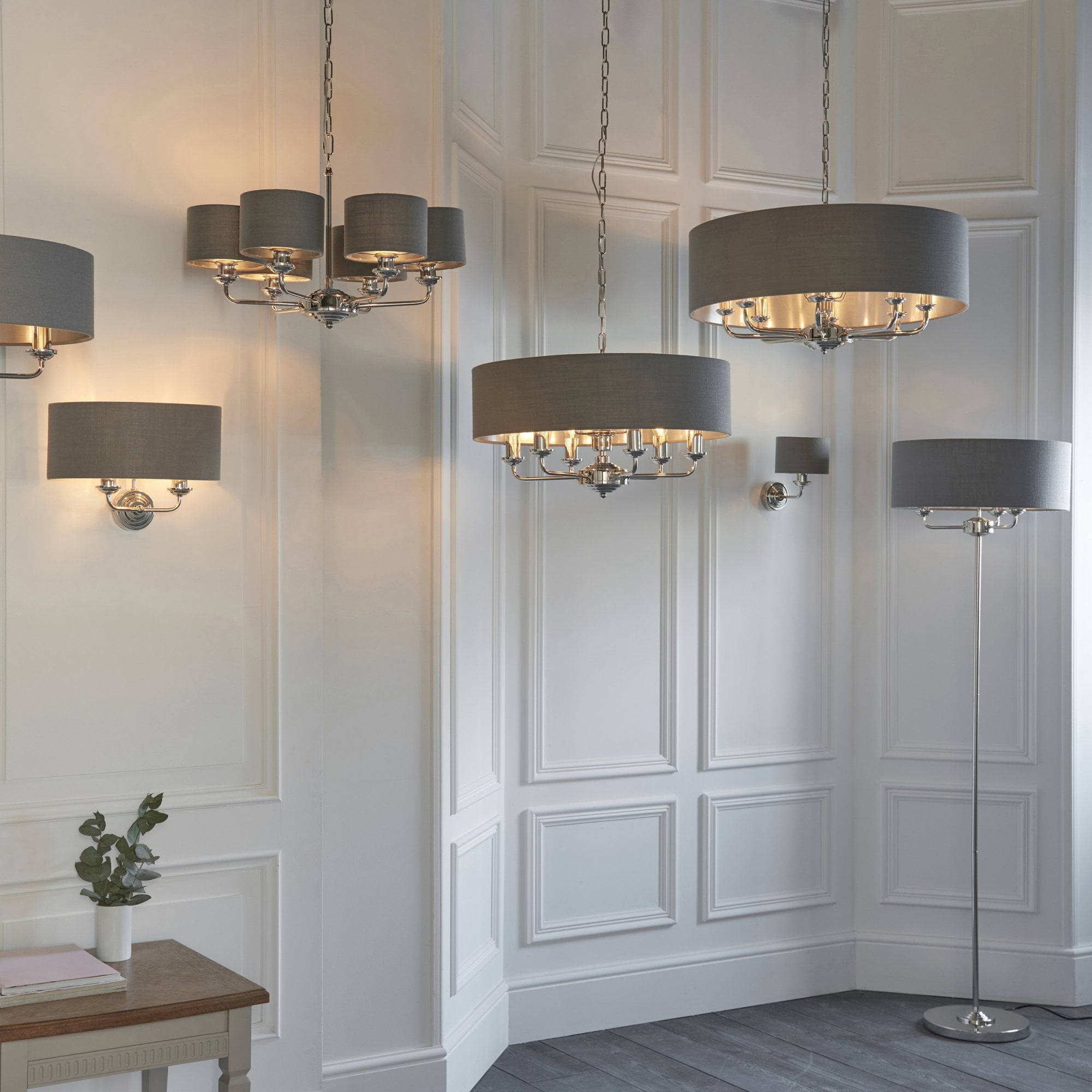 Endon Highclere 8 Light Pendant - Bright Nickel Plate & Charcoal Fabric