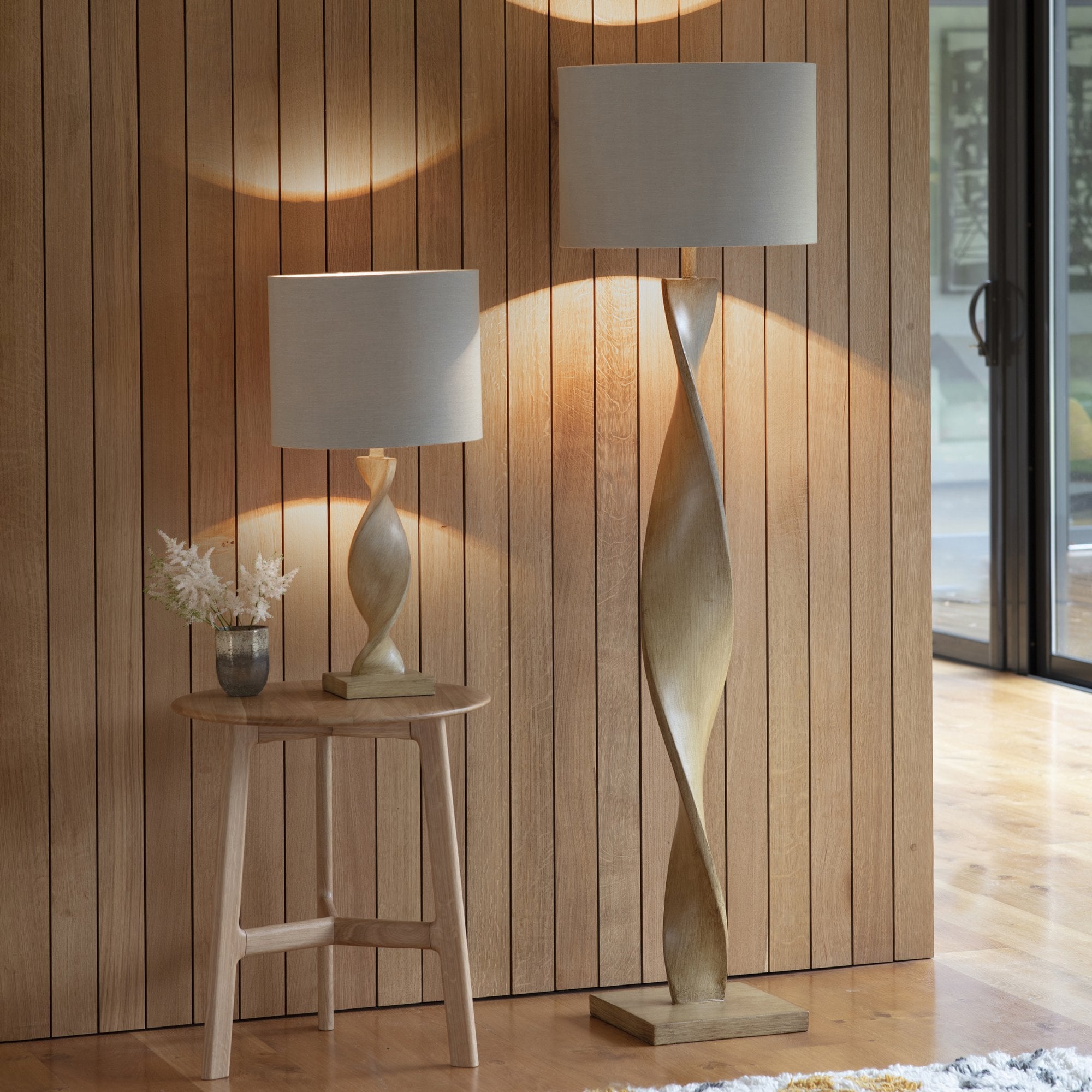 Endon Abia Single Light Floor Lamp - Oak Effect Resin & Neutral Linen