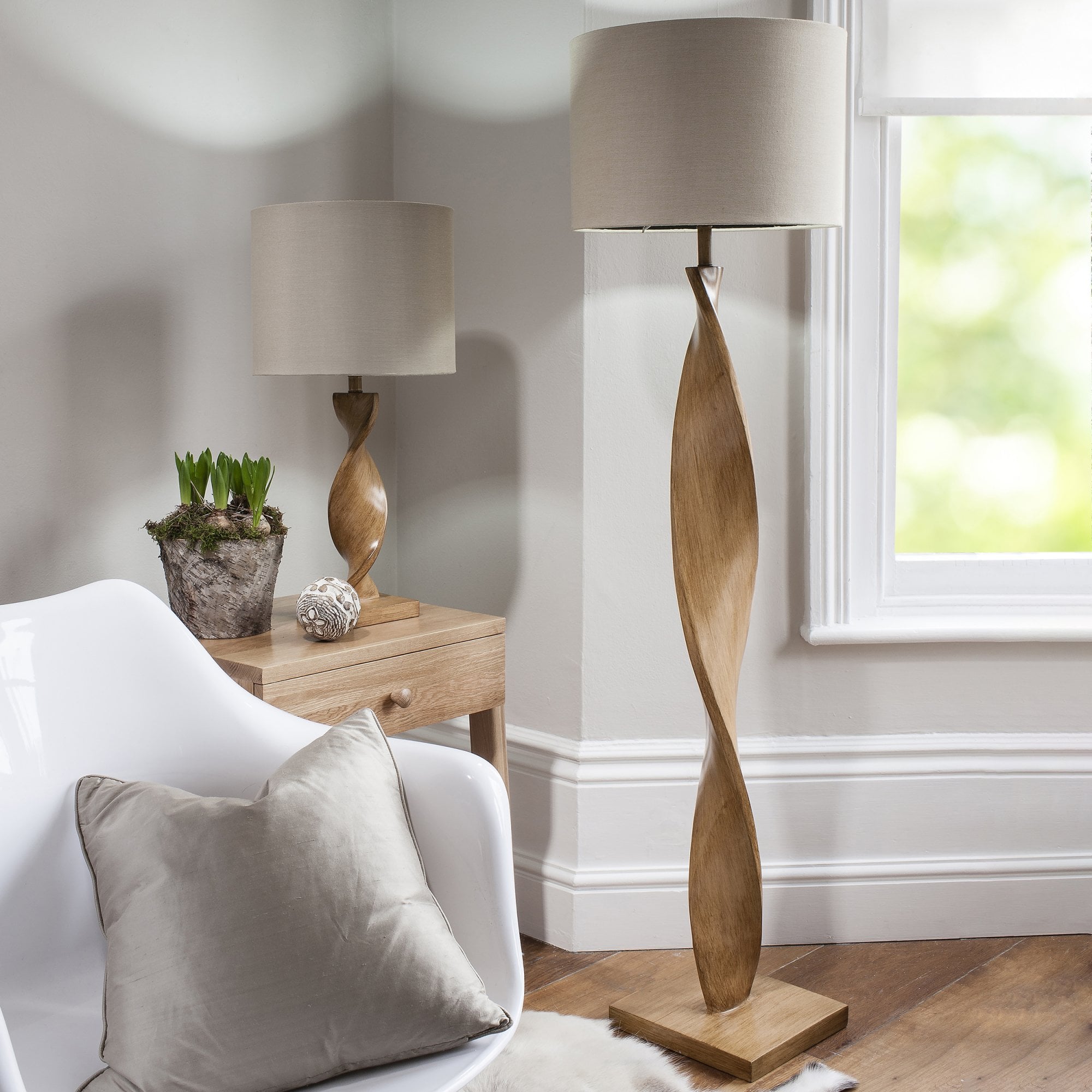 Endon Abia Single Light Floor Lamp - Oak Effect Resin & Neutral Linen