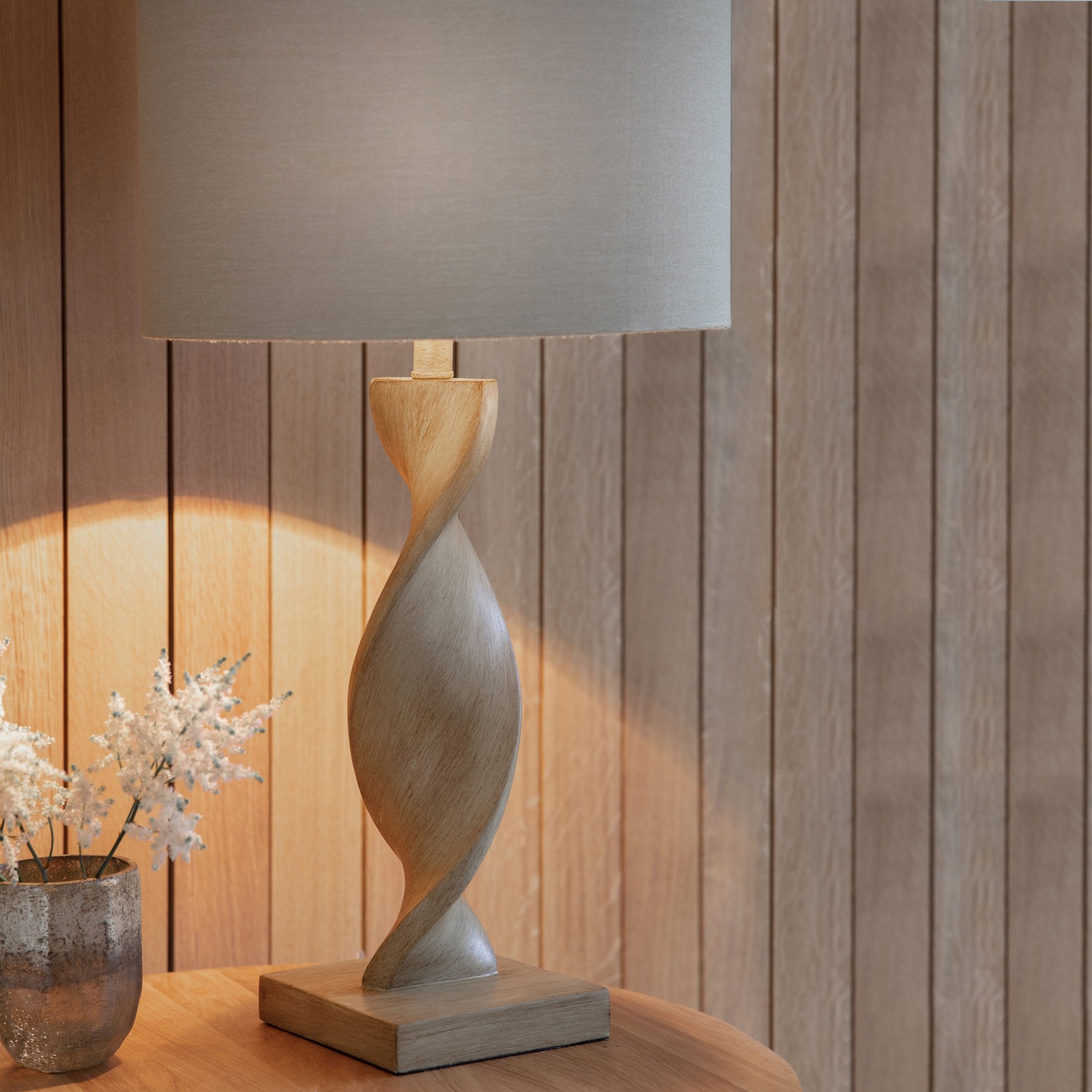 Endon Abia Single Light Table Lamp - Oak Effect Resin & Neutral Linen