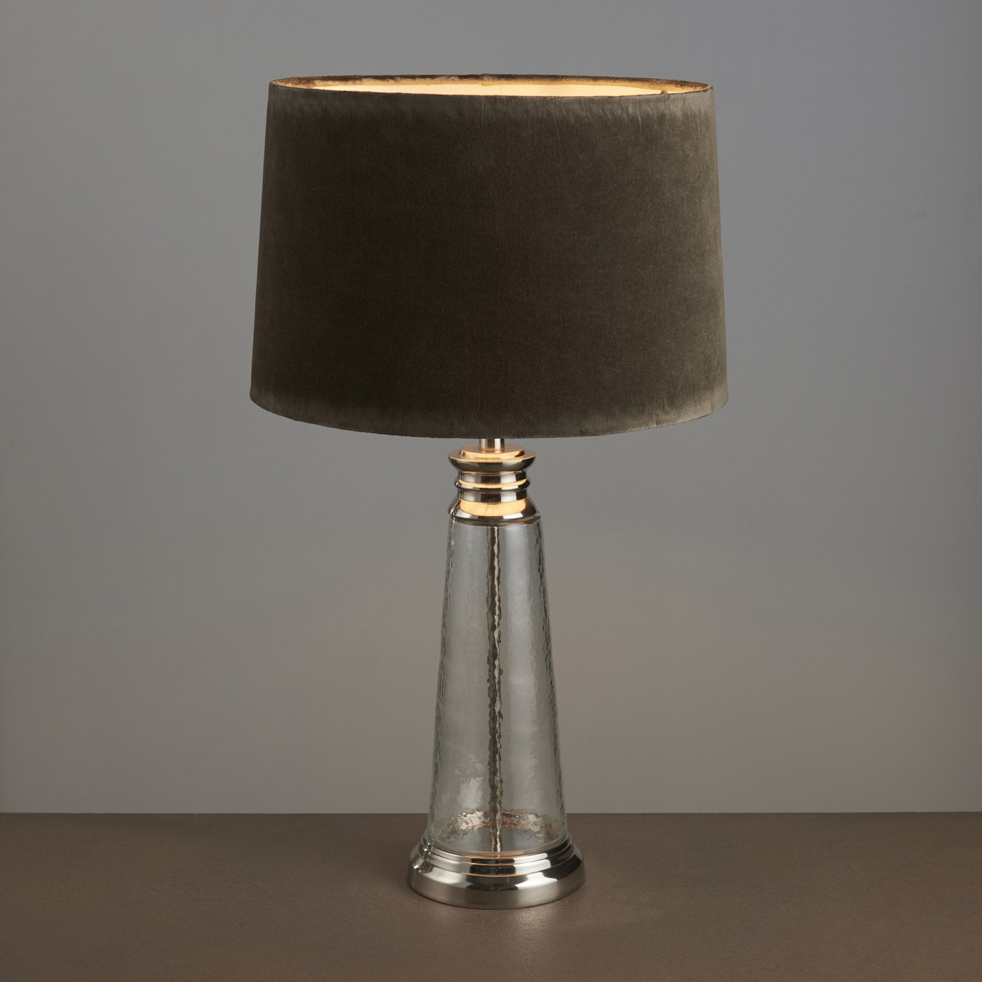 Endon Winslet Single Light Table Lamp - Clear Hammered Glass & Grey & Silver Velvet