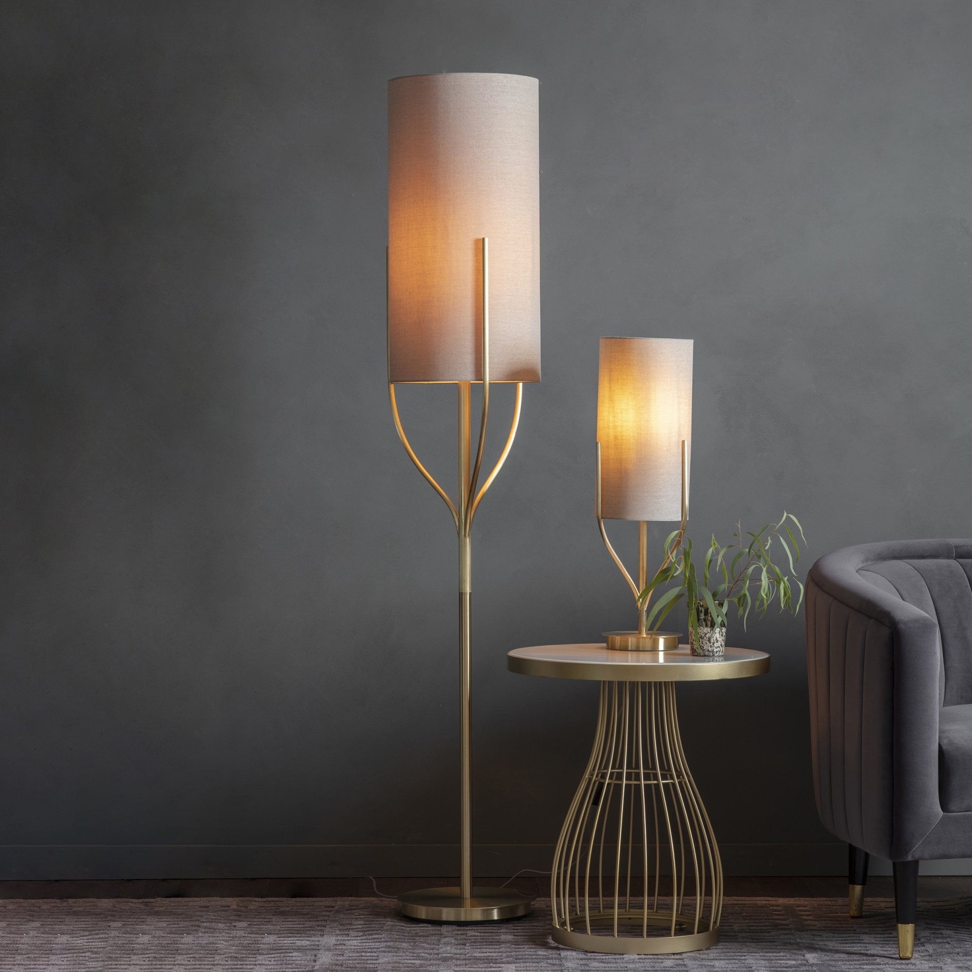 Endon Fraser Single Light Floor Lamp - Satin Brass Plate & Neutral Linen Mix Fabric