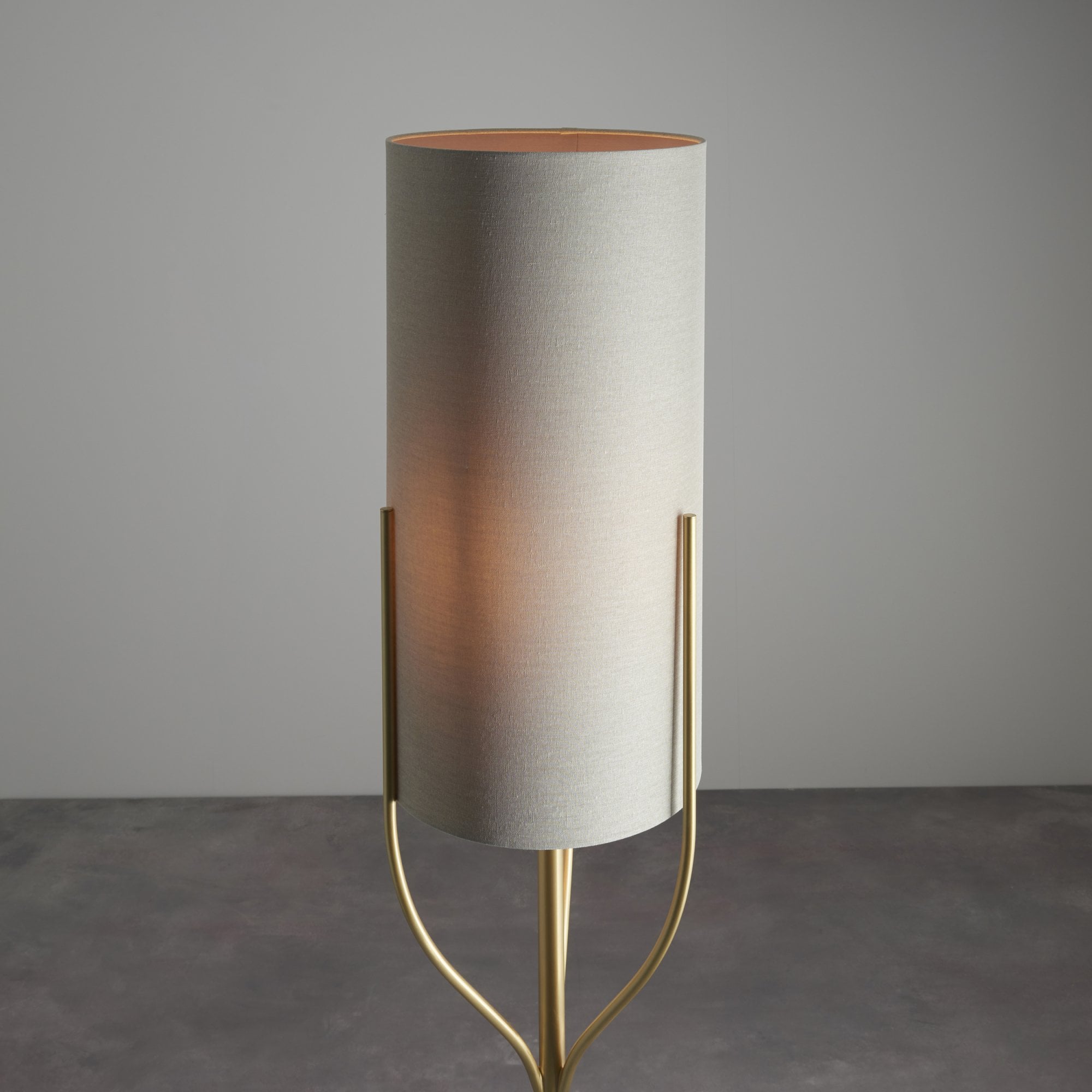 Endon Fraser Single Light Floor Lamp - Satin Brass Plate & Neutral Linen Mix Fabric