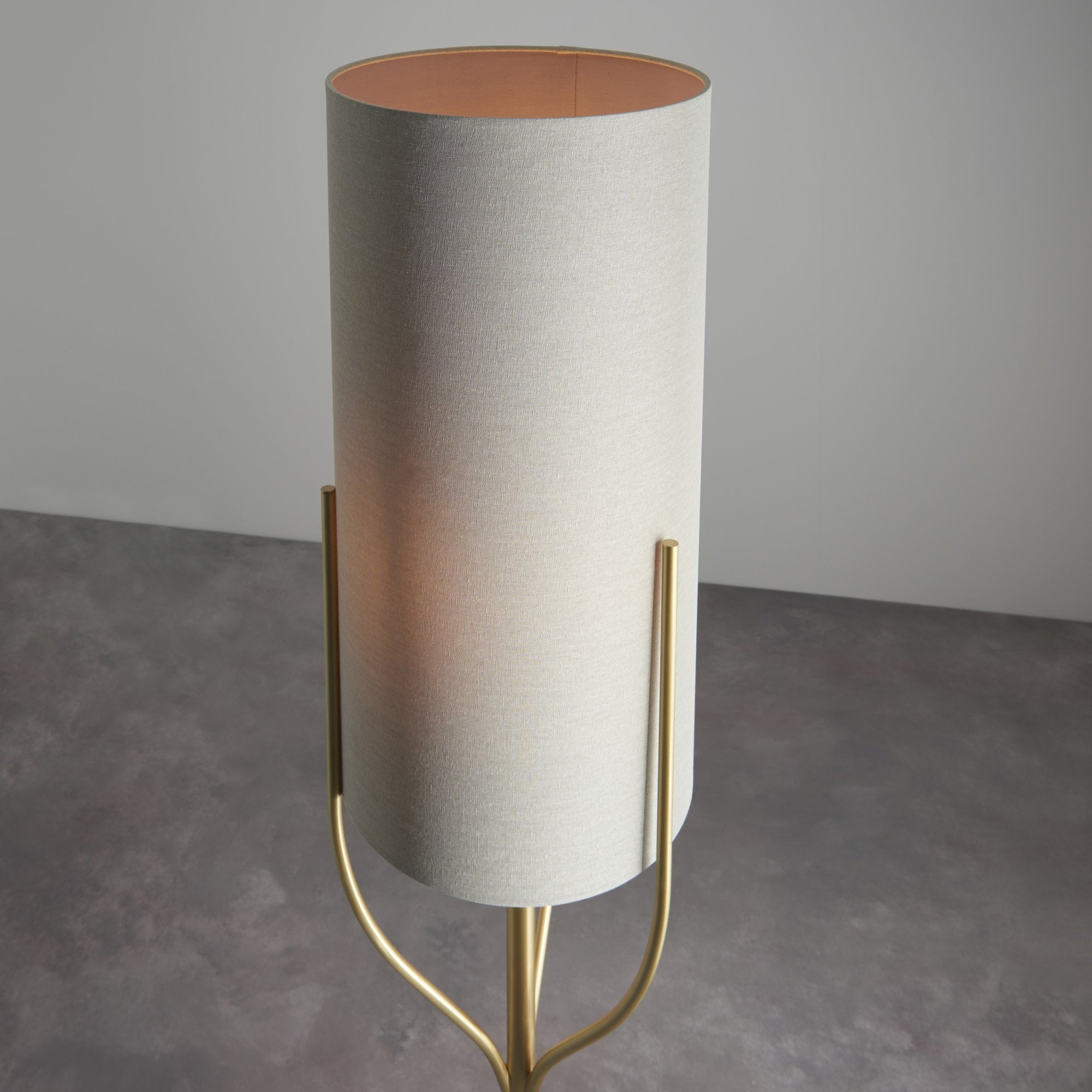 Endon Fraser Single Light Floor Lamp - Satin Brass Plate & Neutral Linen Mix Fabric