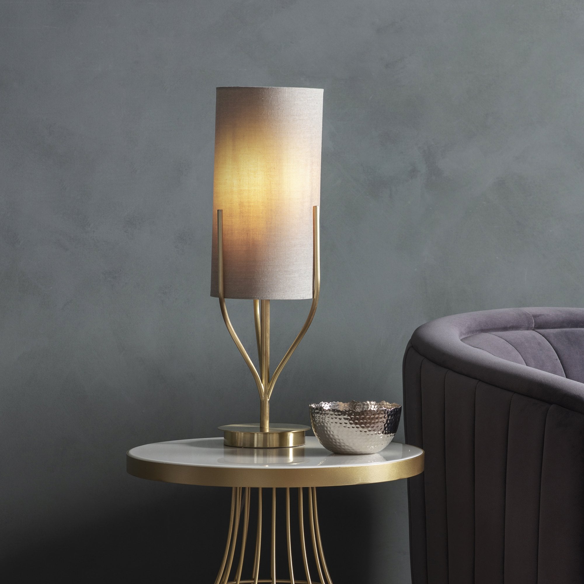 Endon Fraser Single Light Table Lamp - Satin Brass Plate & Neutral Linen Mix Fabric