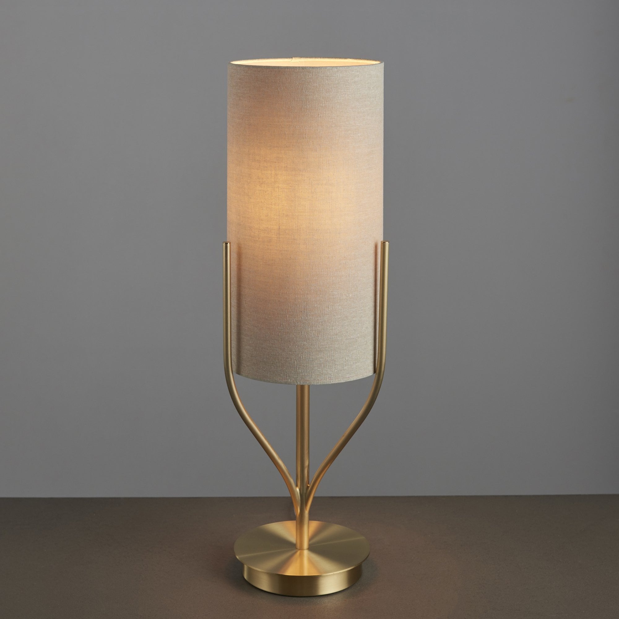 Endon Fraser Single Light Table Lamp - Satin Brass Plate & Neutral Linen Mix Fabric