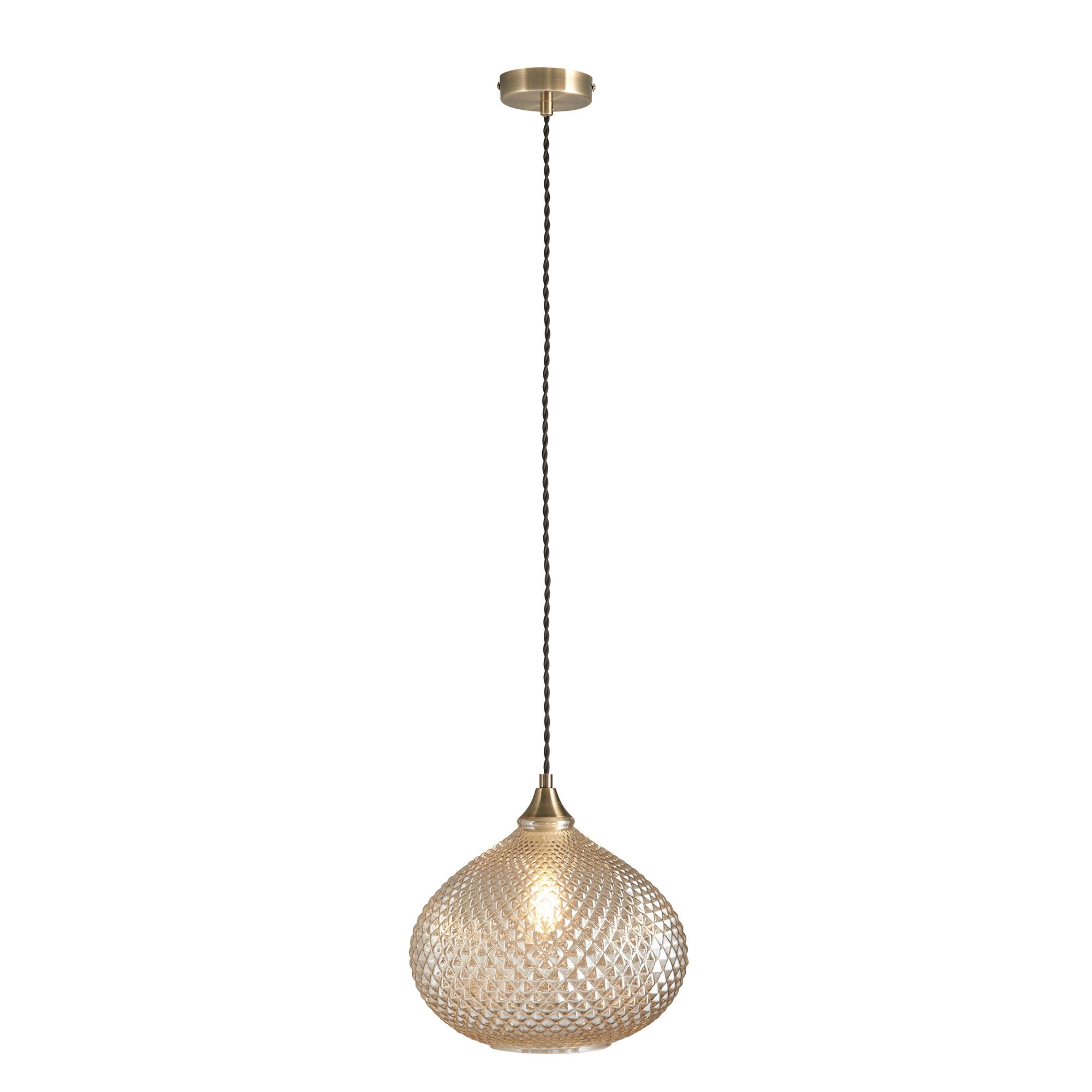 Endon Livia Single Light Pendant - Champagne Glass & Antique Brass Plate