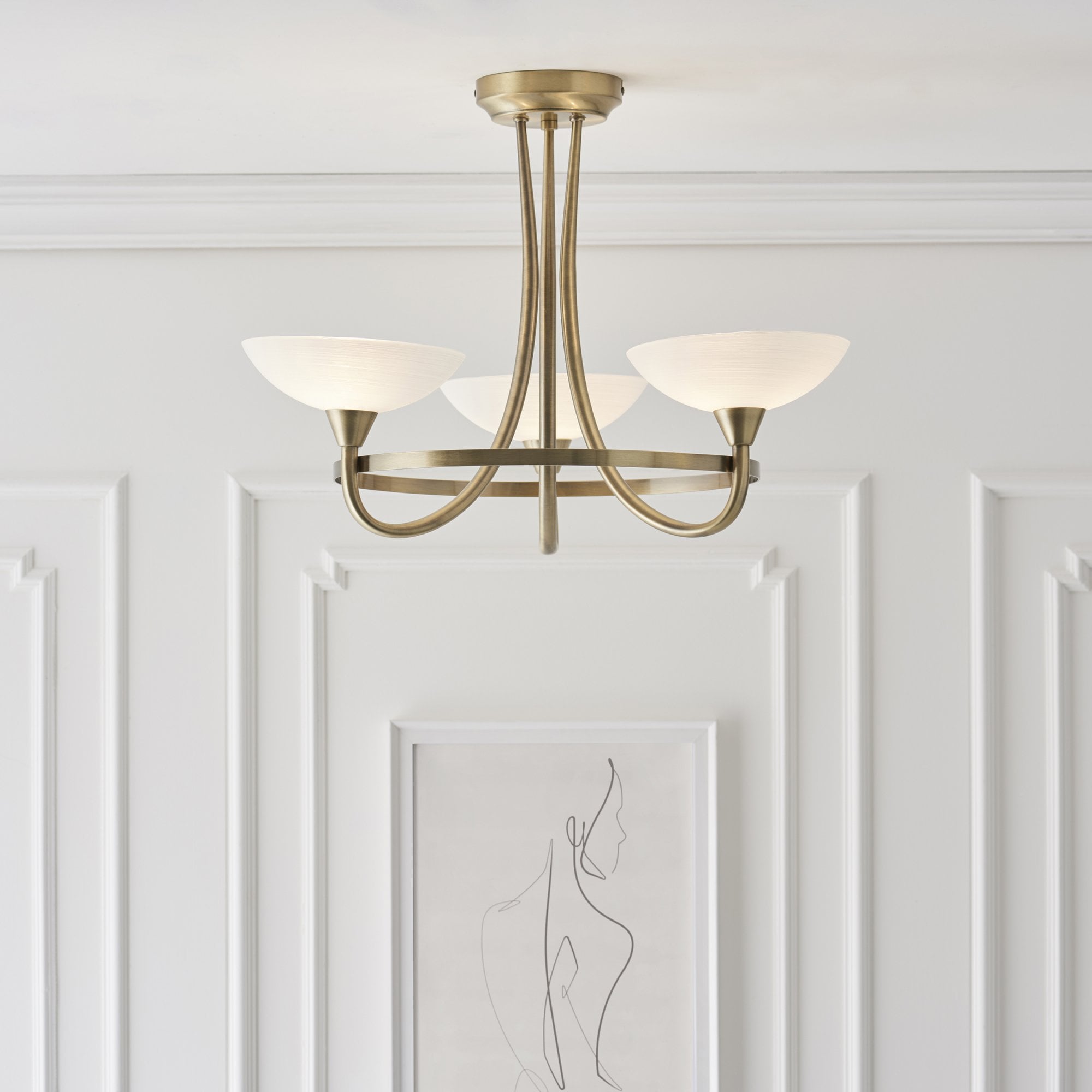 Endon Cagney 3 Light Semi Flush Fitting - Antique Brass Plate & White Glass