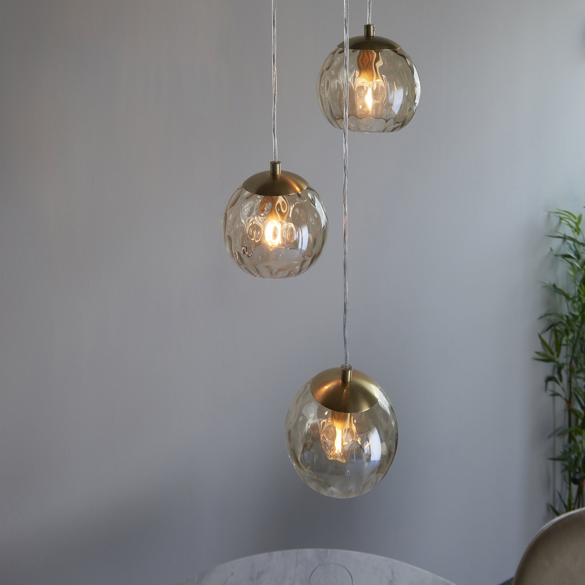 Endon Dimple 3 Light Pendant -  Satin Brass Plate & Champagne Lustre Glass