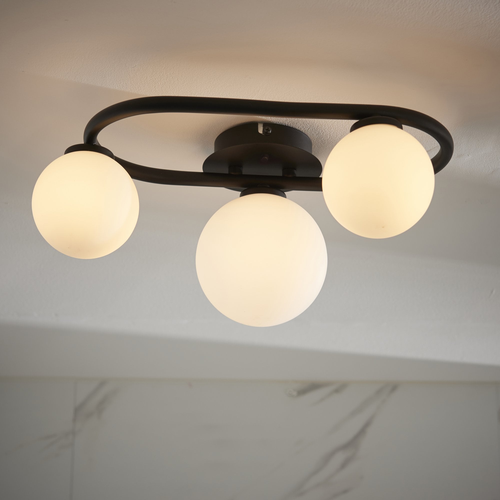 Endon Pulsa Oval 3 Light Semi Flush - Matt Black & Matt White Glass