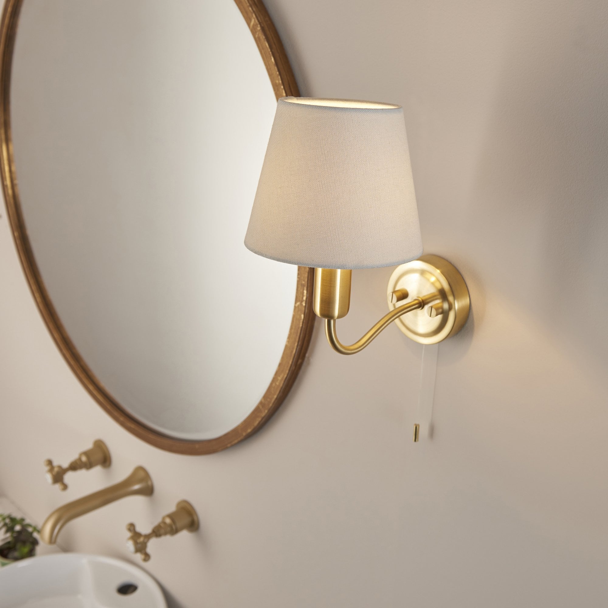 Endon Conway Single Light Wall - Satin Brass Plate & Ivory Fabric