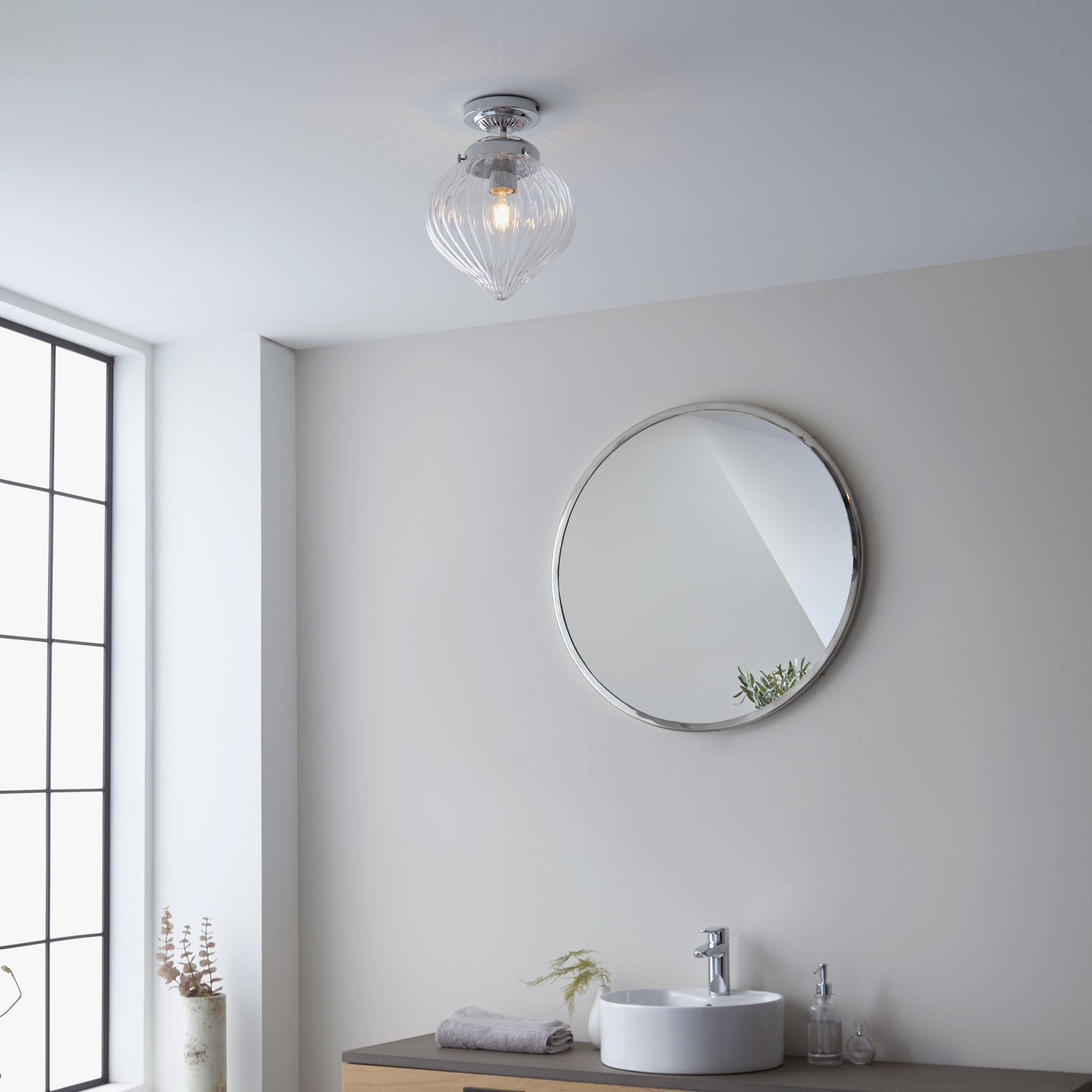 Endon Cheston Single Light Flush - Chrome Plate & Clear Ribbed Glass