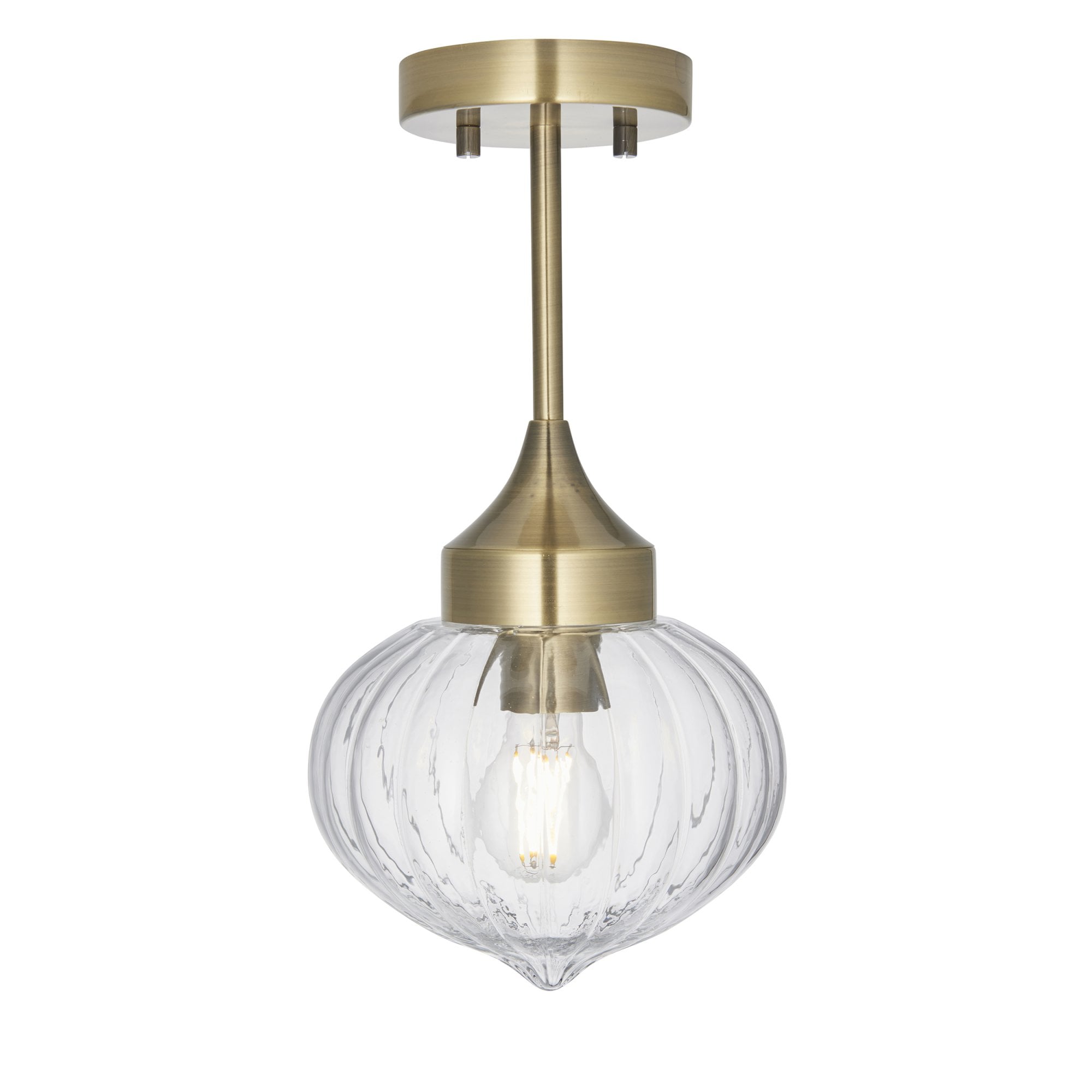 Endon Addington Single Light Semi Flush -  Antique Brass Plate & Clear Ribbed Glass