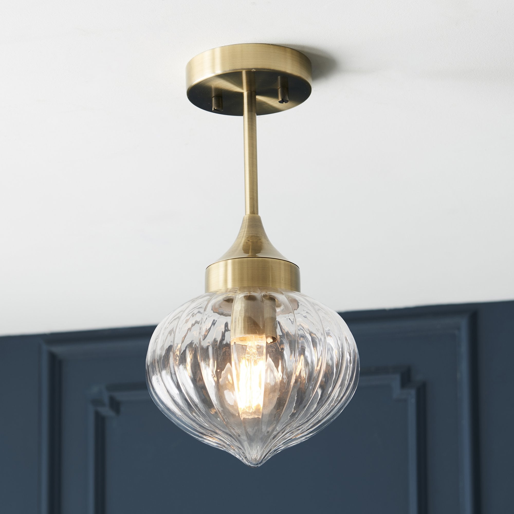 Endon Addington Single Light Semi Flush -  Antique Brass Plate & Clear Ribbed Glass