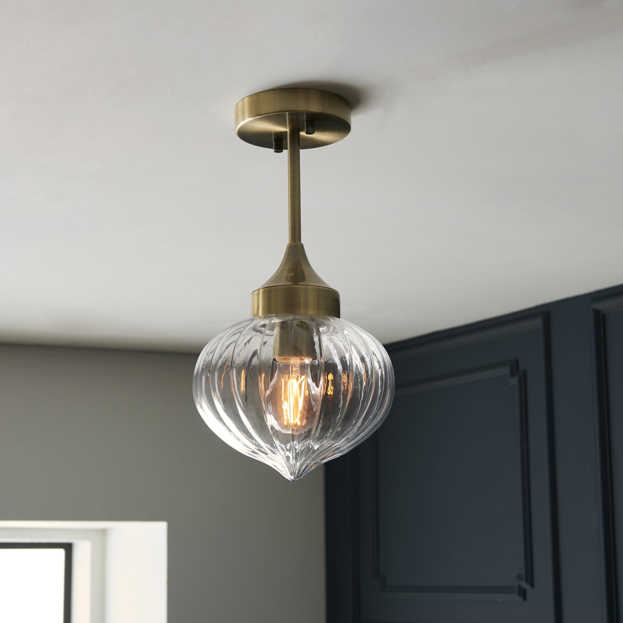 Endon Addington Single Light Semi Flush -  Antique Brass Plate & Clear Ribbed Glass