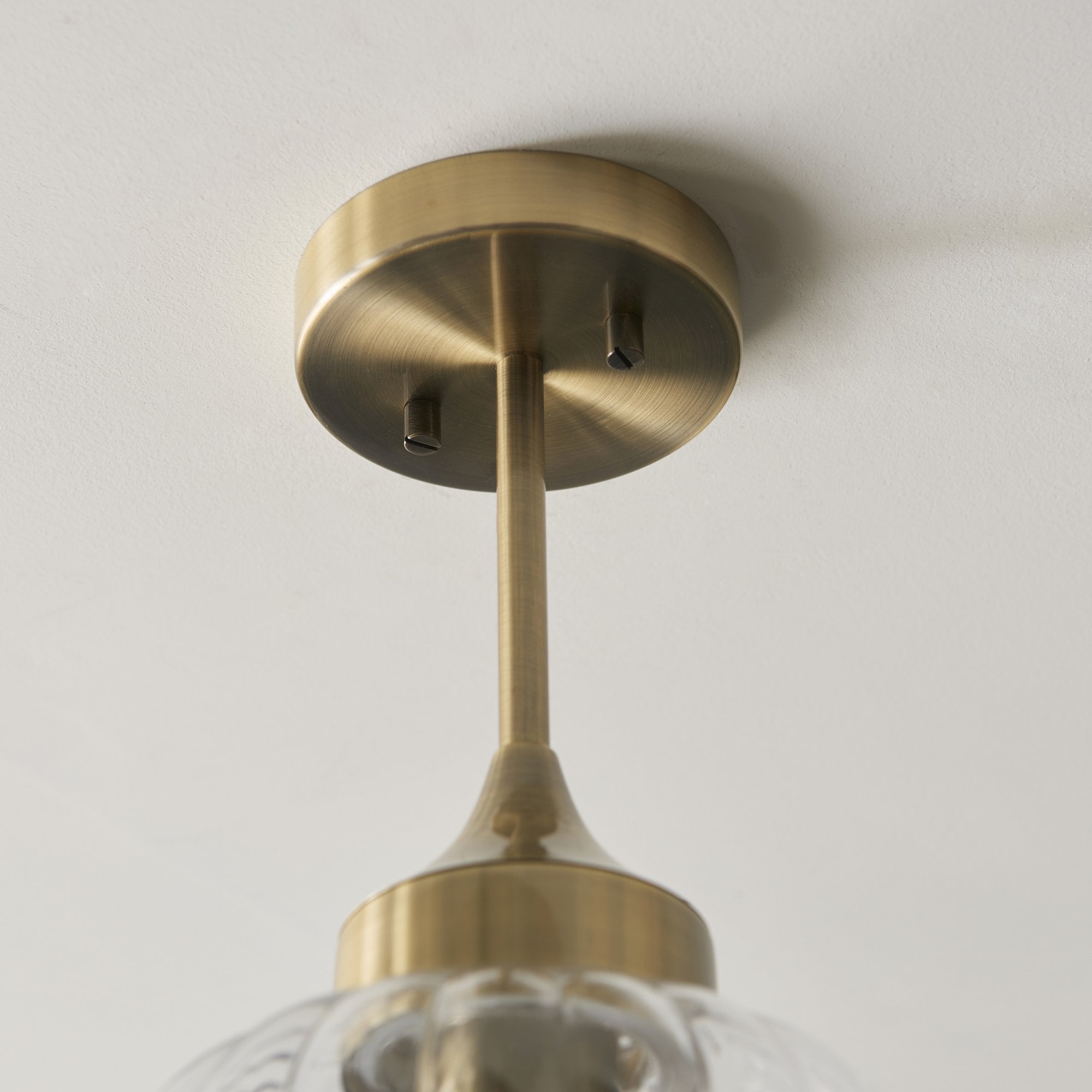 Endon Addington Single Light Semi Flush -  Antique Brass Plate & Clear Ribbed Glass