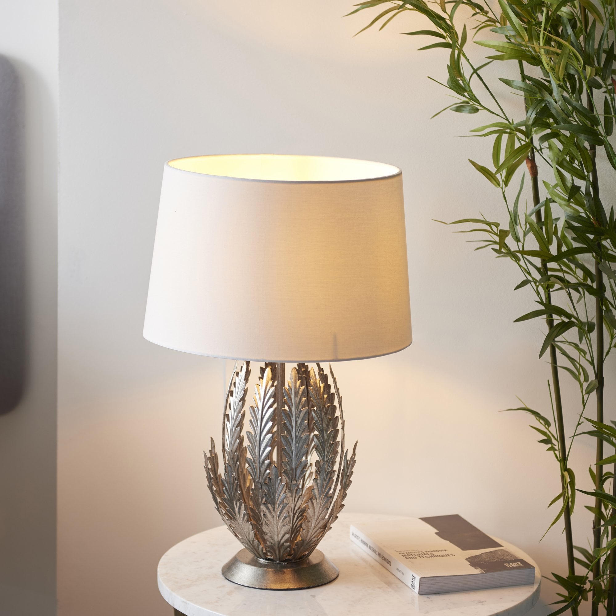 Endon Delphine Single Light Table Lamp -  Silver Leaf & Ivory Cotton Fabric