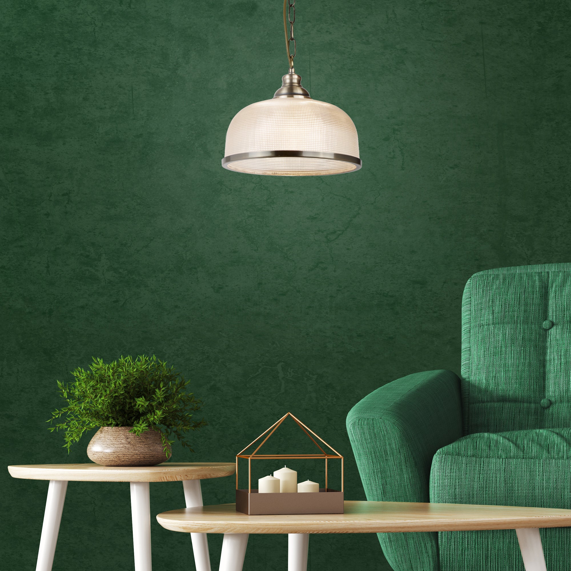 Searchlight Beech II Single Pendant - Antique Brass & Holophane Glass