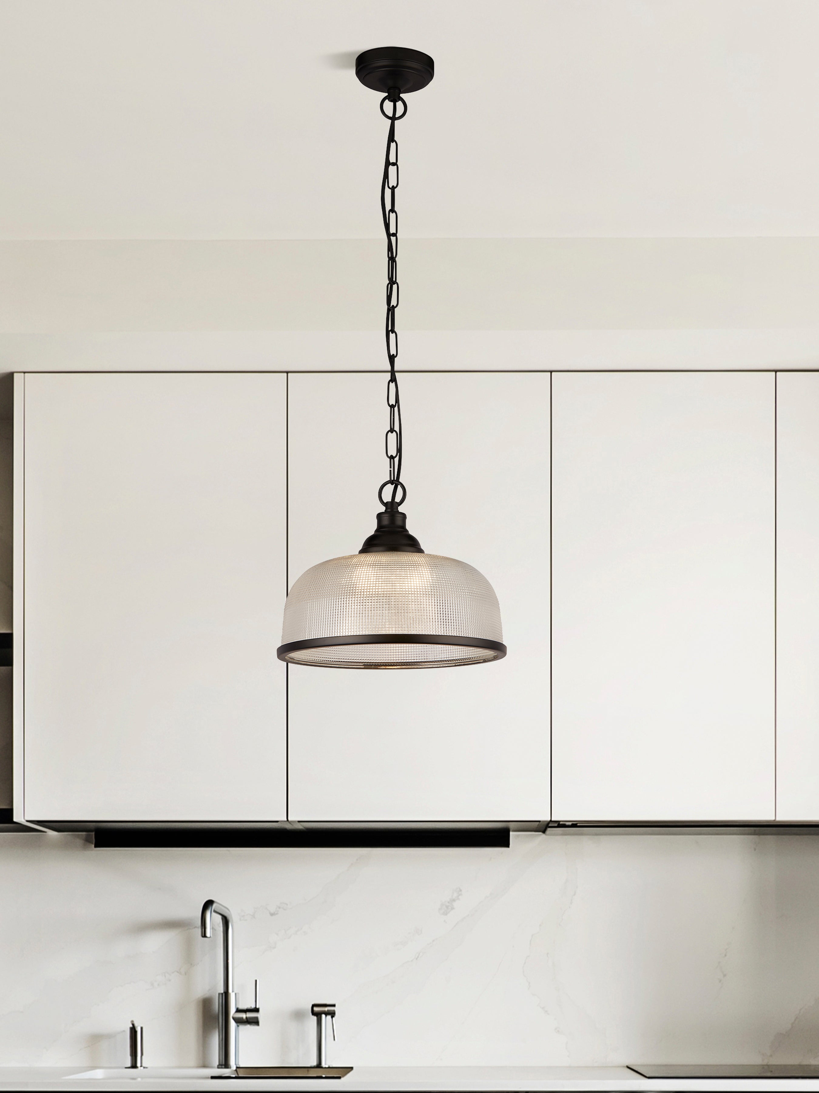 Searchlight Handel Pendant - Matt Black Metal & Holophane Style Glass