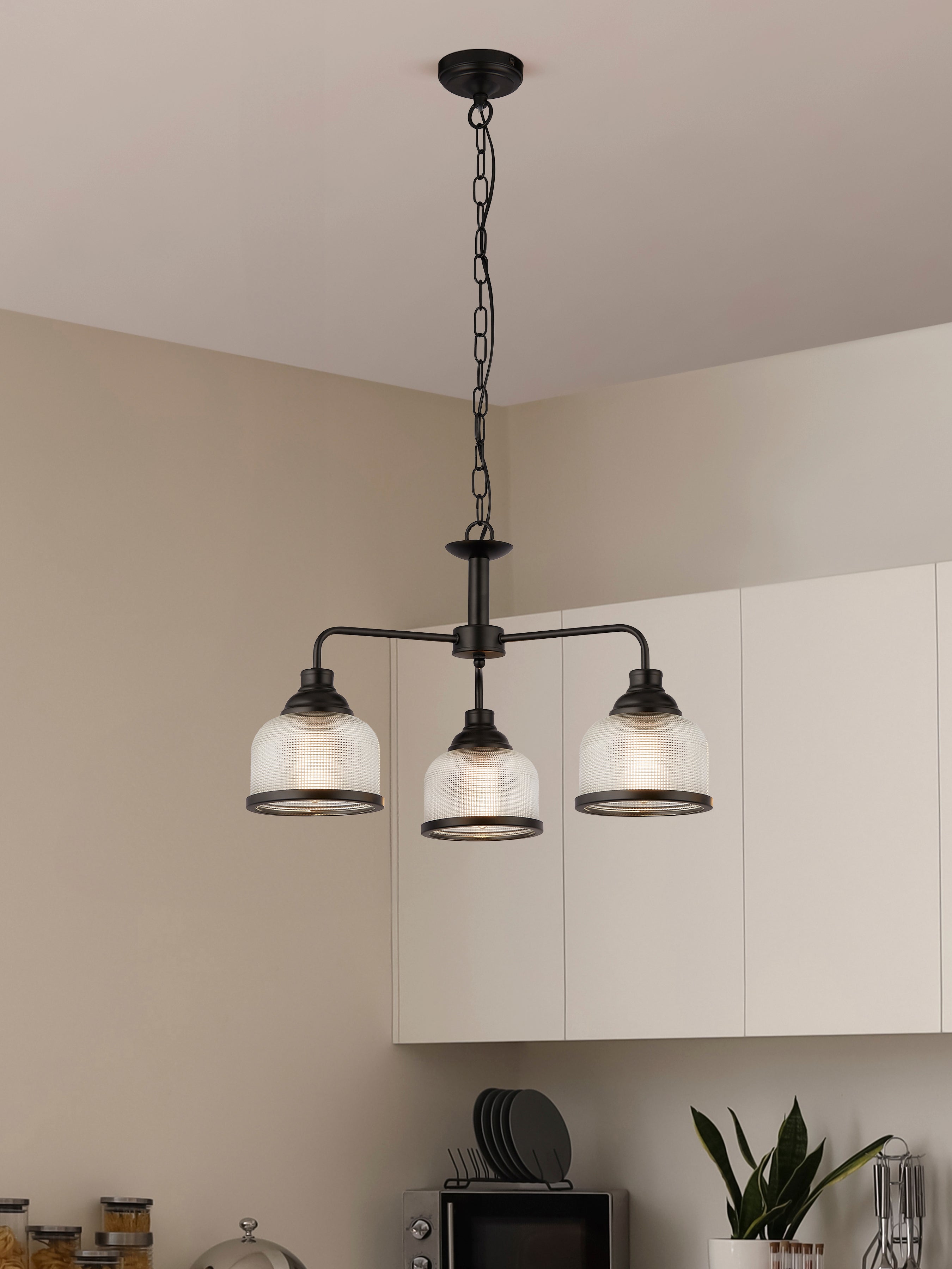 Searchlight Handel 3 Light Pendant - Black Metal & Holophane Style Glass