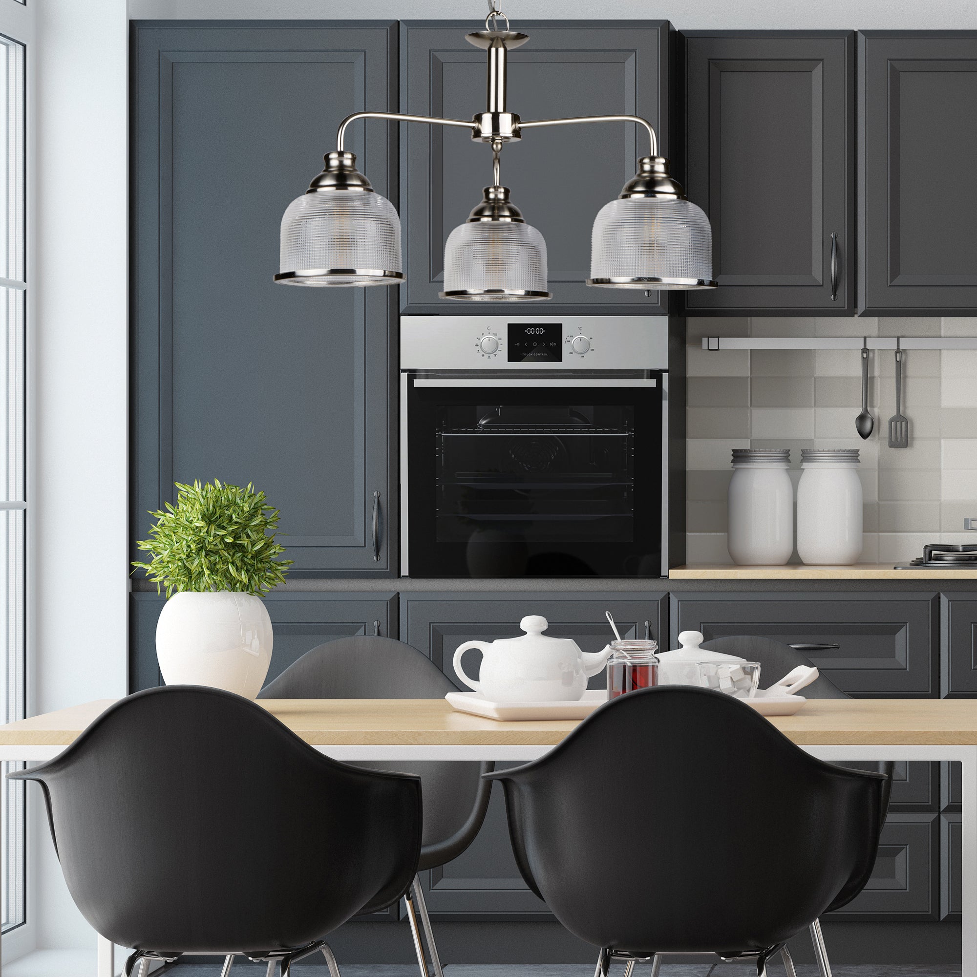 Searchlight Beech II 3 Light Ceiling Fitting - Satin Silver & Holophane Glass