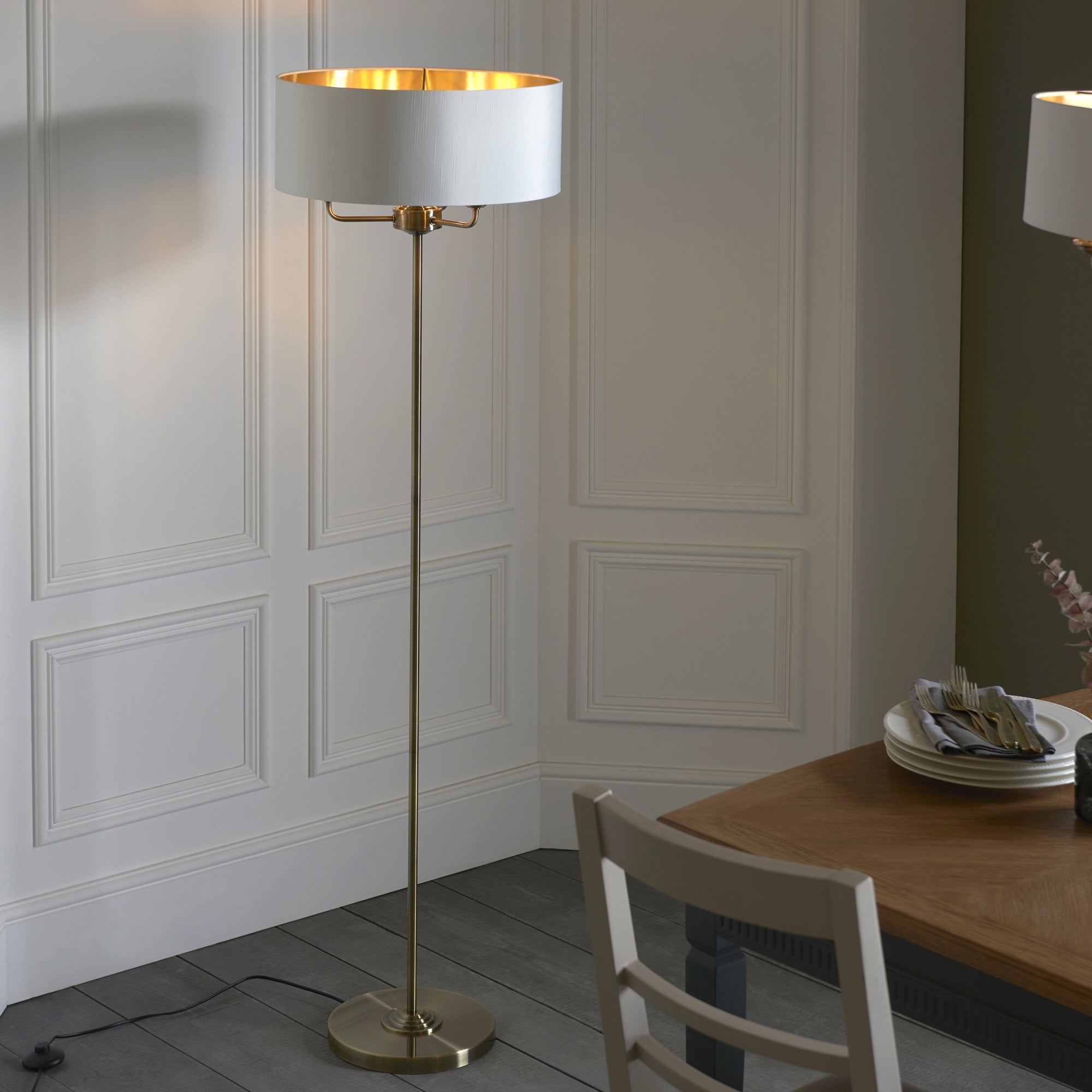 Endon Highclere 3 Light Floor Lamp - Antique Brass & Vintage White