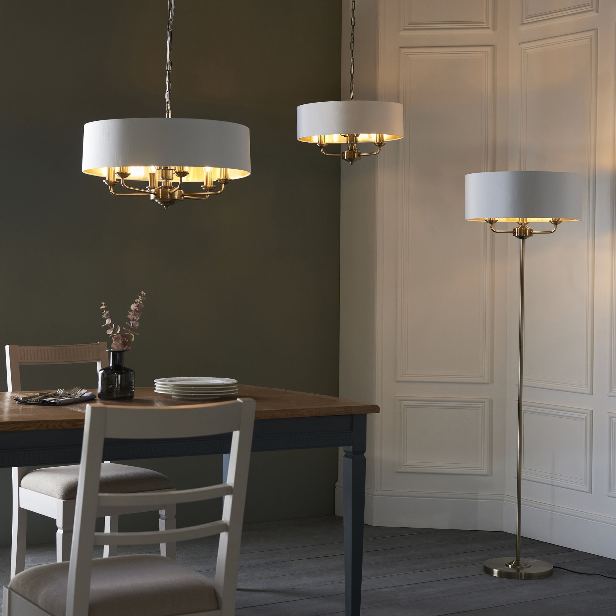 Endon Highclere 3 Light Pendant - Antique Brass & Vintage White