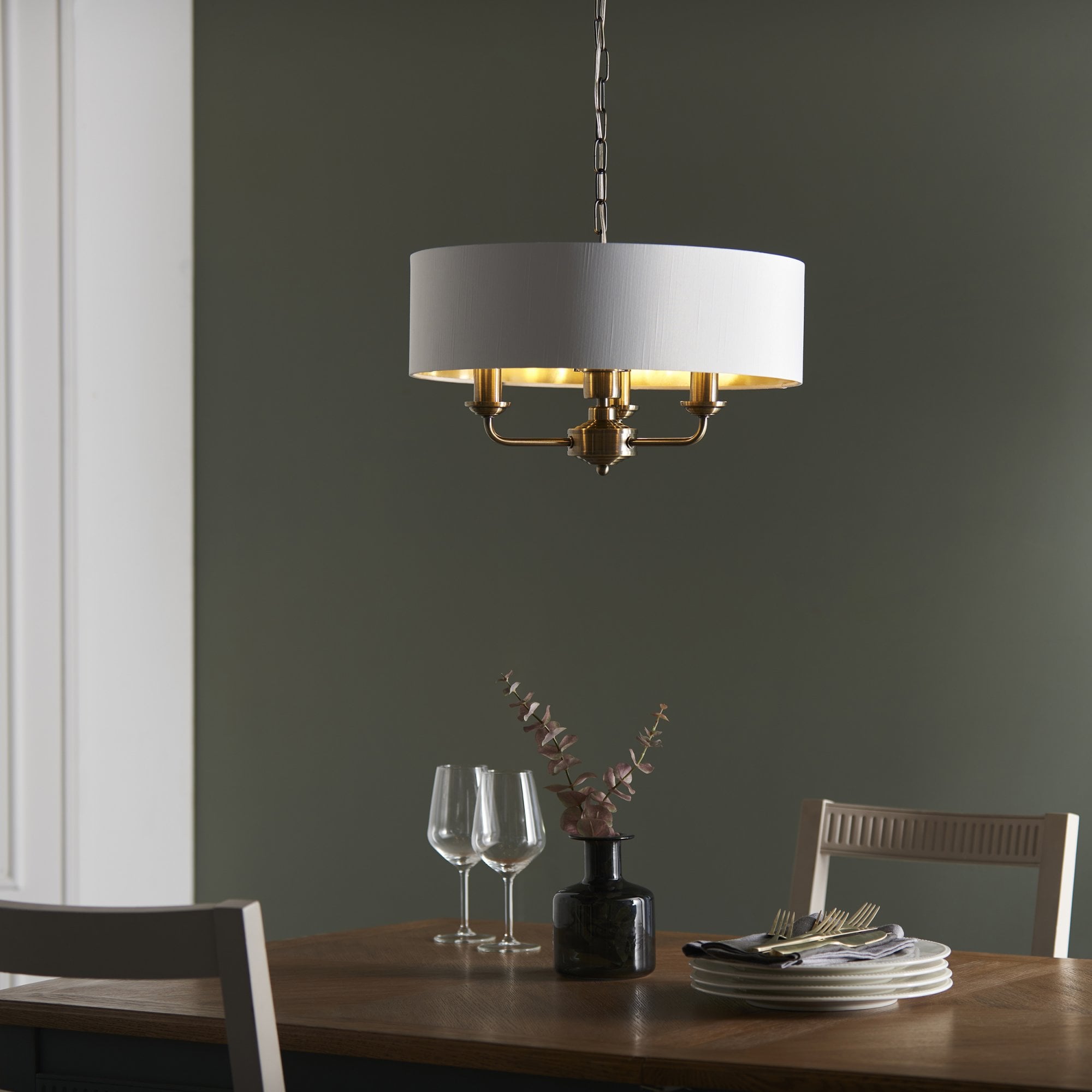 Endon Highclere 3 Light Pendant - Antique Brass & Vintage White