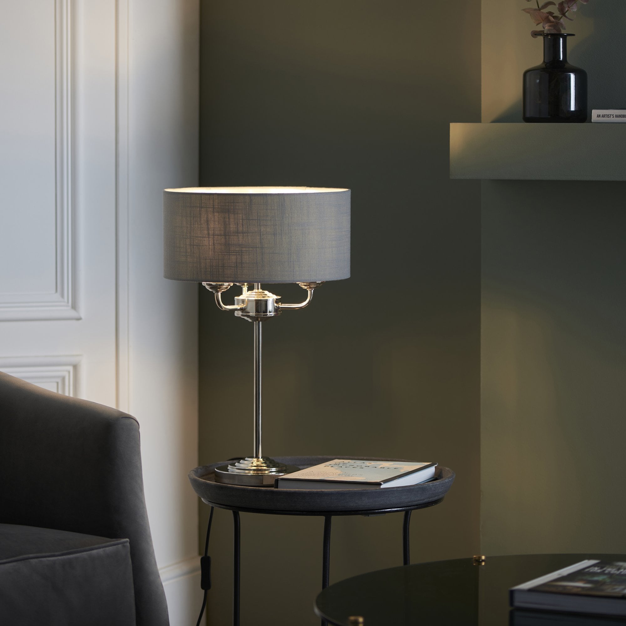 Endon Highclere 3 Light Table Lamp - Bright Nickel & Charcoal Linen
