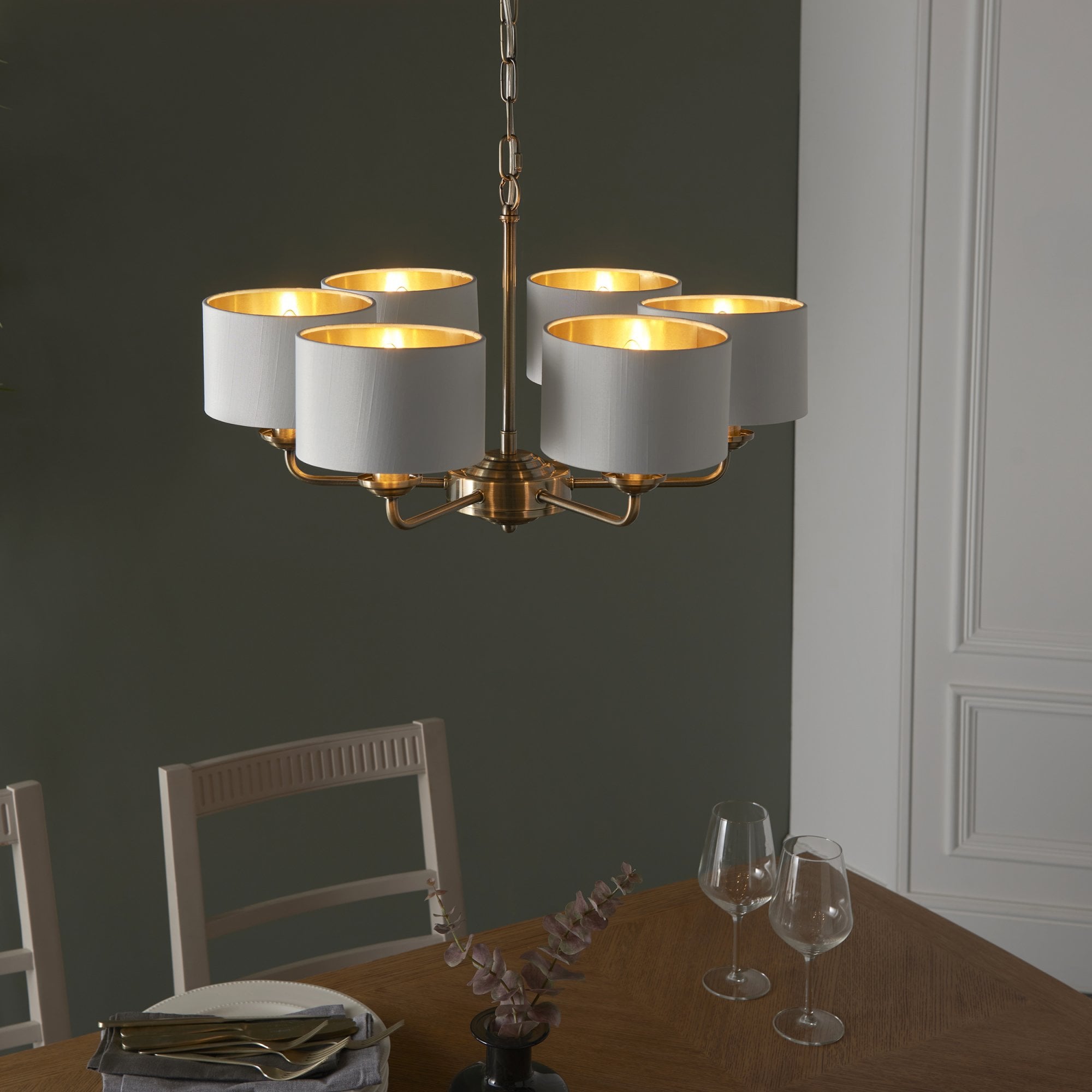 Endon Highclere 6 Light Arm Pendant - Antique Brass & Vintage White