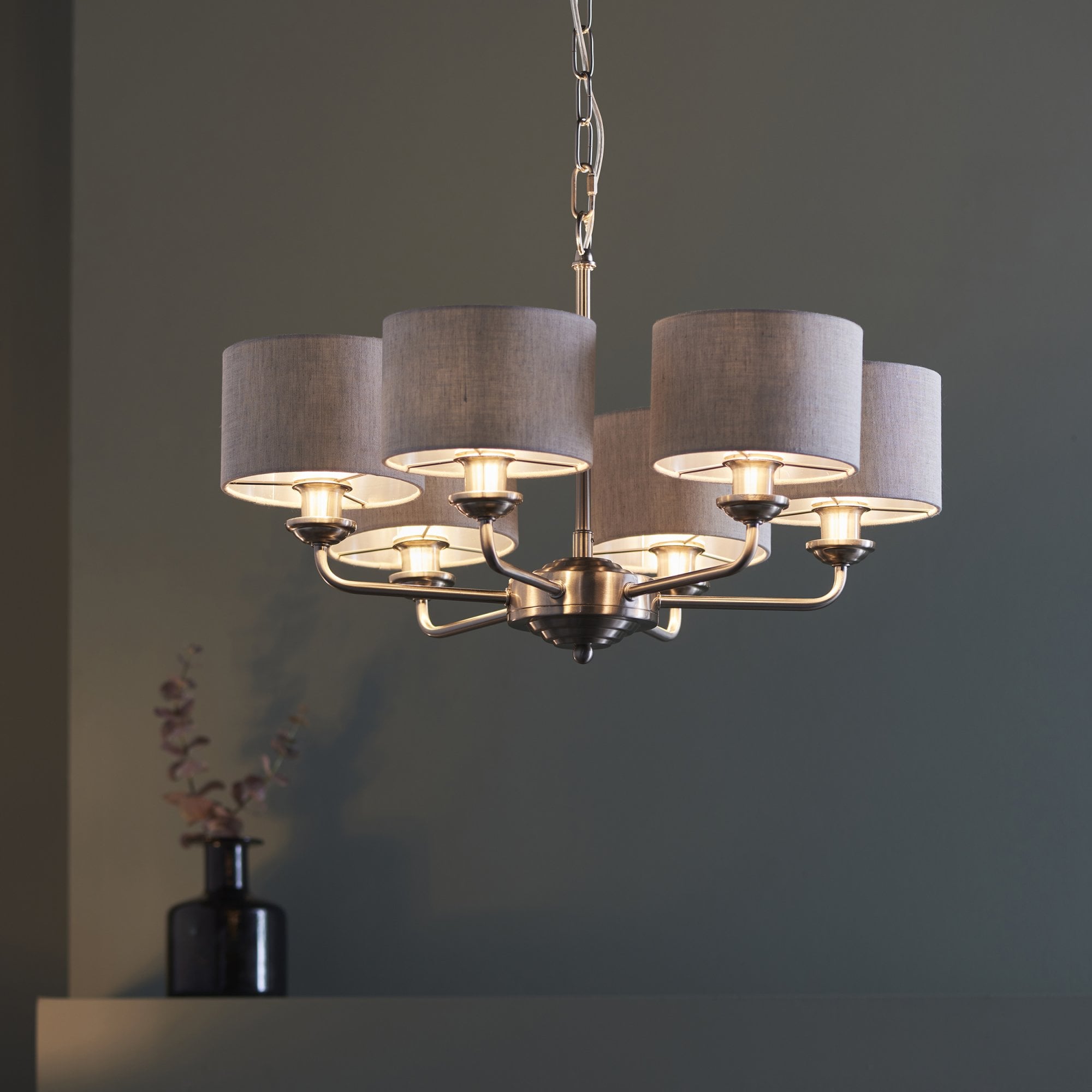 Endon Highclere 6 Light Pendant - Brushed Chrome & Natural Linen