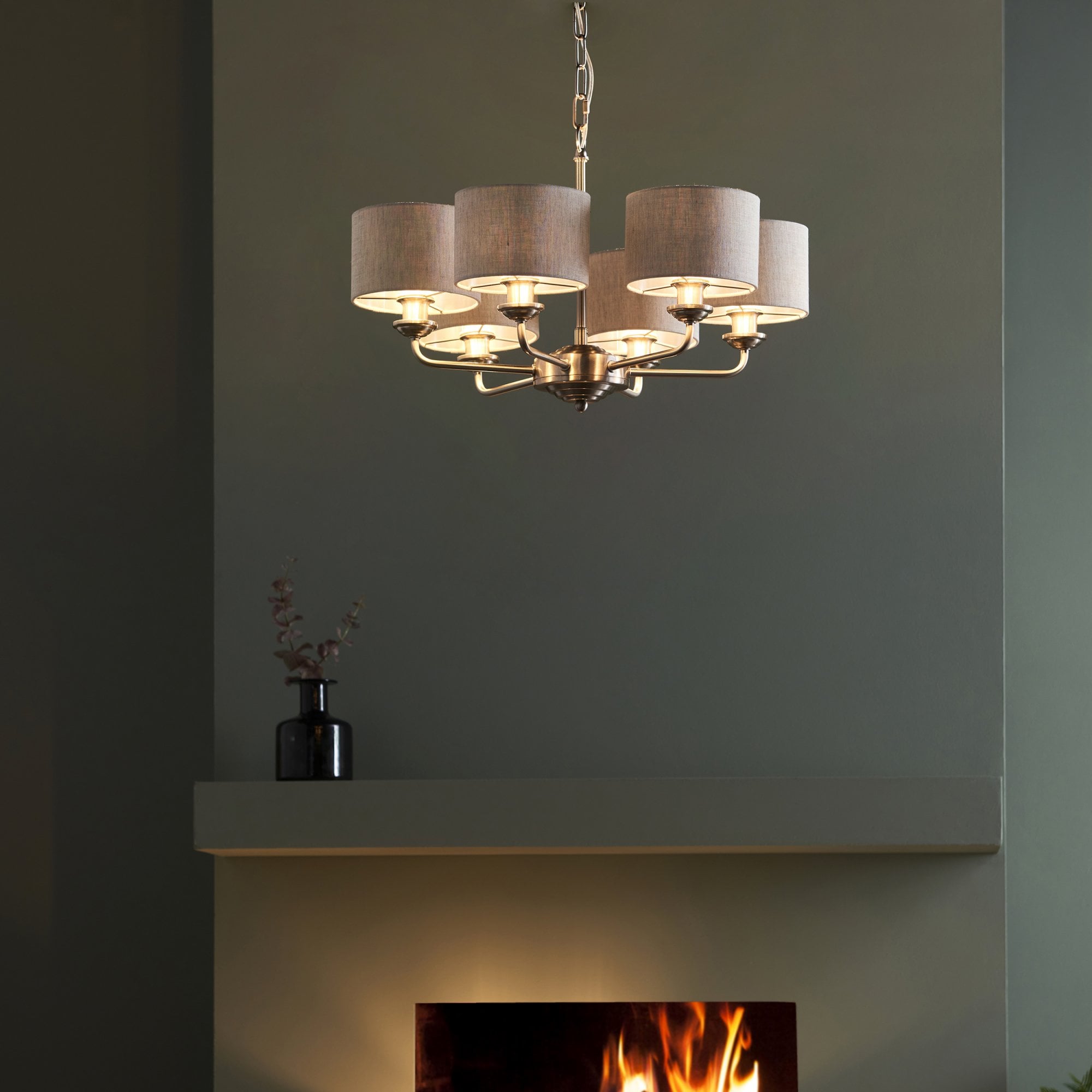 Endon Highclere 6 Light Pendant - Brushed Chrome & Natural Linen