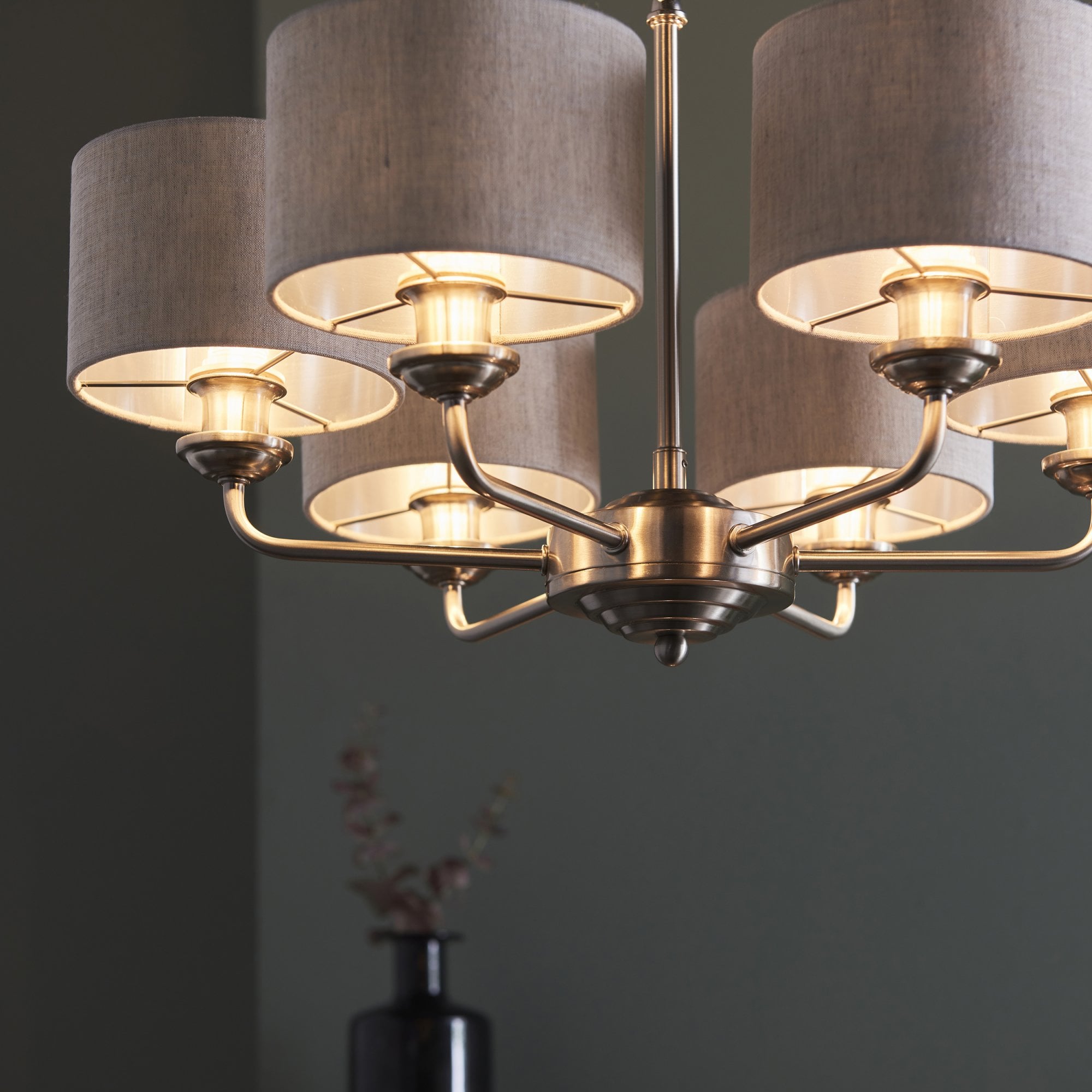 Endon Highclere 6 Light Pendant - Brushed Chrome & Natural Linen