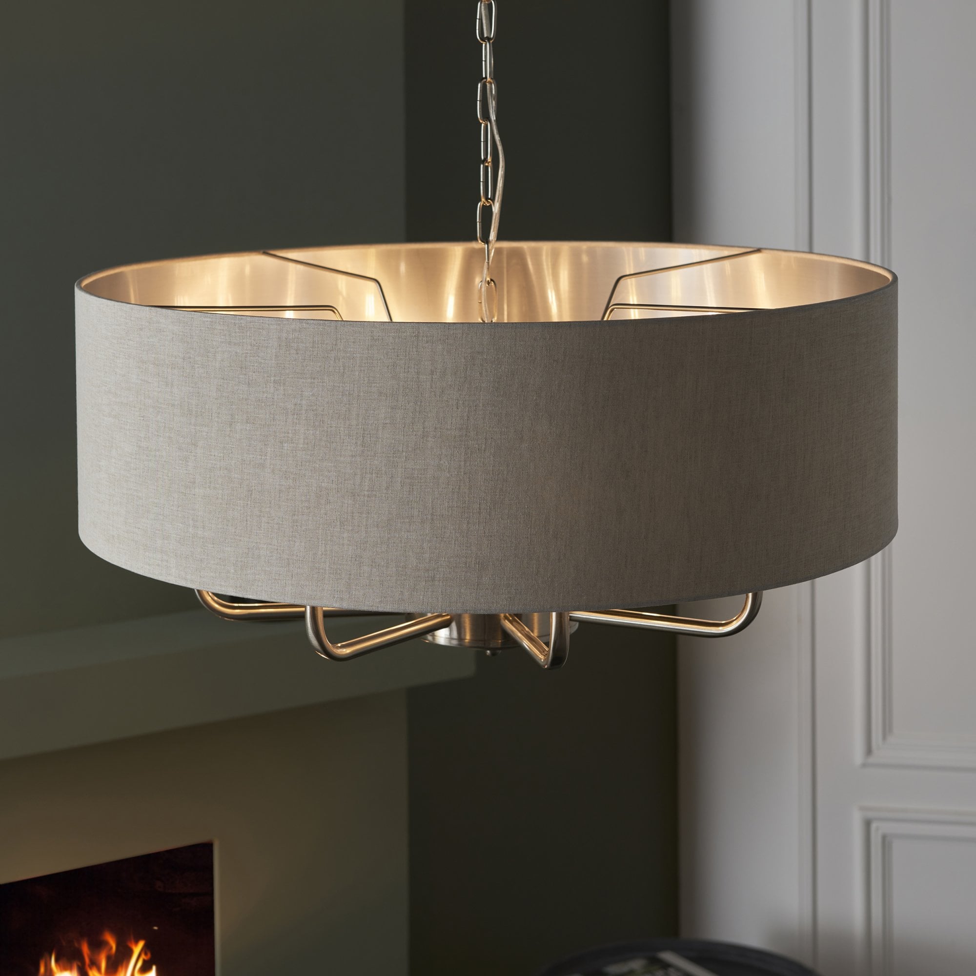Endon Highclere 8 Light Pendant - Brushed Chrome & Natural Linen