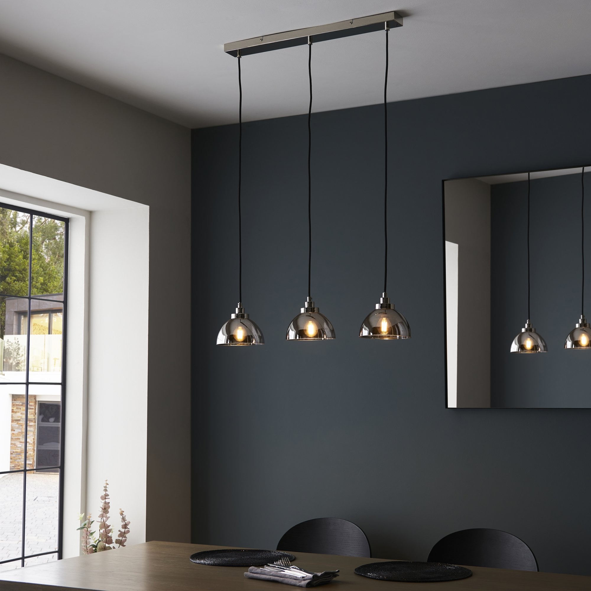 Endon Caspa 3 Light Linear Pendant -  Bright Nickel & Smoked Mirror Glass