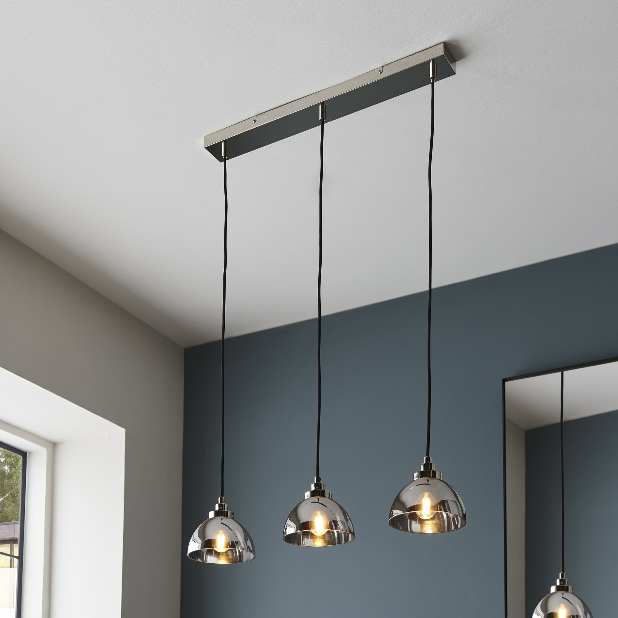 Endon Caspa 3 Light Linear Pendant -  Bright Nickel & Smoked Mirror Glass