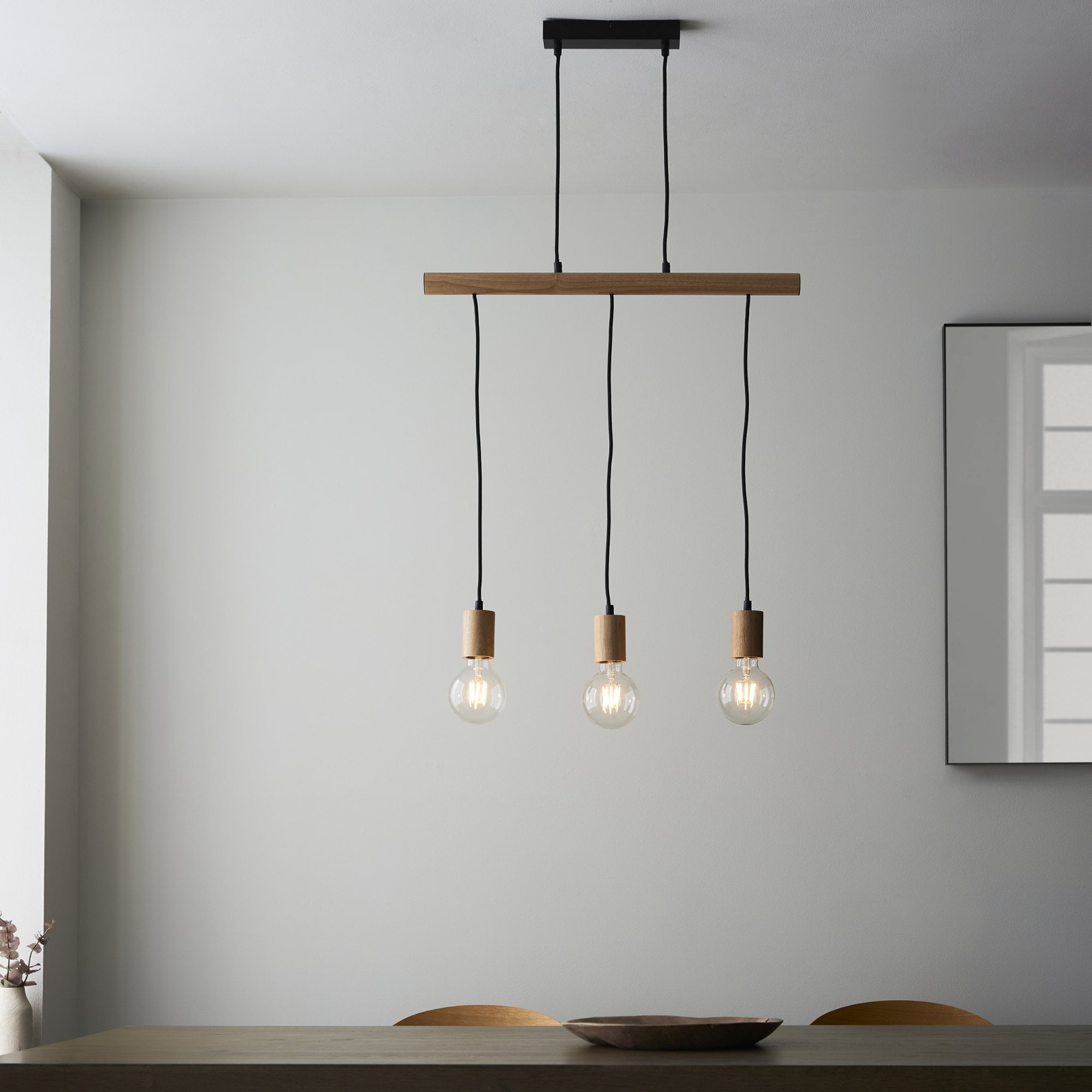 Endon Sven 3 Light Linear Pendant - Light Wood & Matt Black
