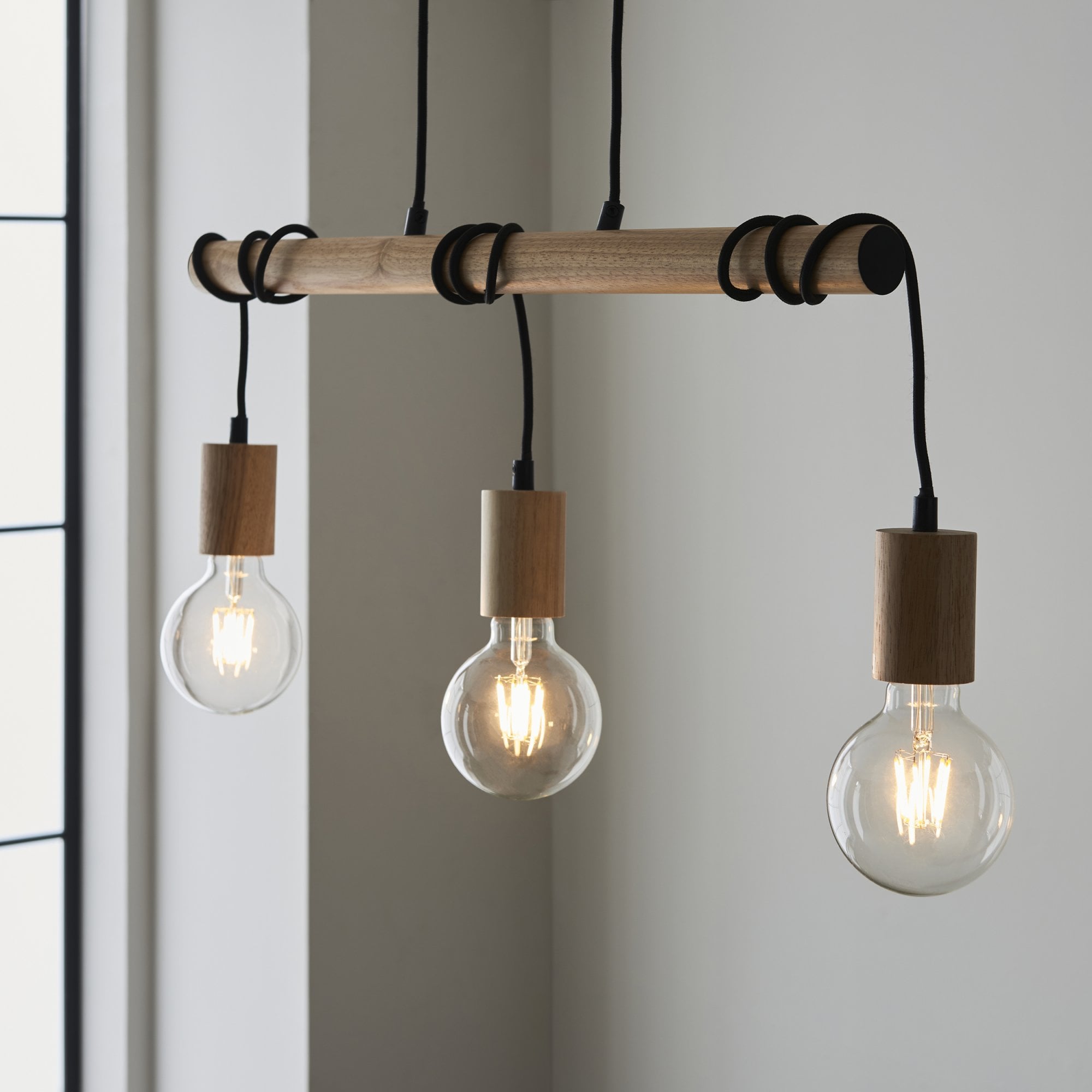 Endon Sven 3 Light Linear Pendant - Light Wood & Matt Black