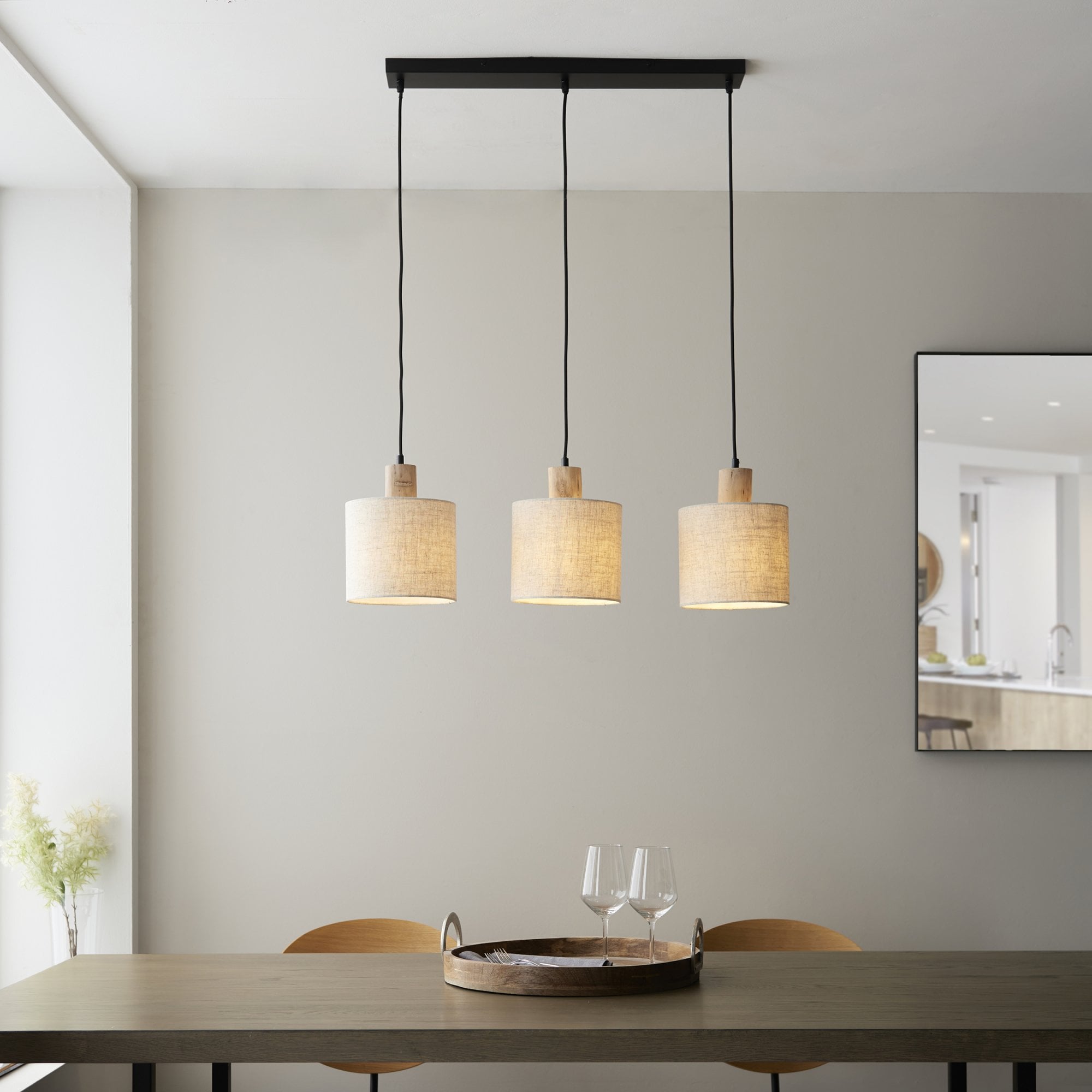 Endon Durban 3 Light Linear Pendant - Natural Linen & Wood
