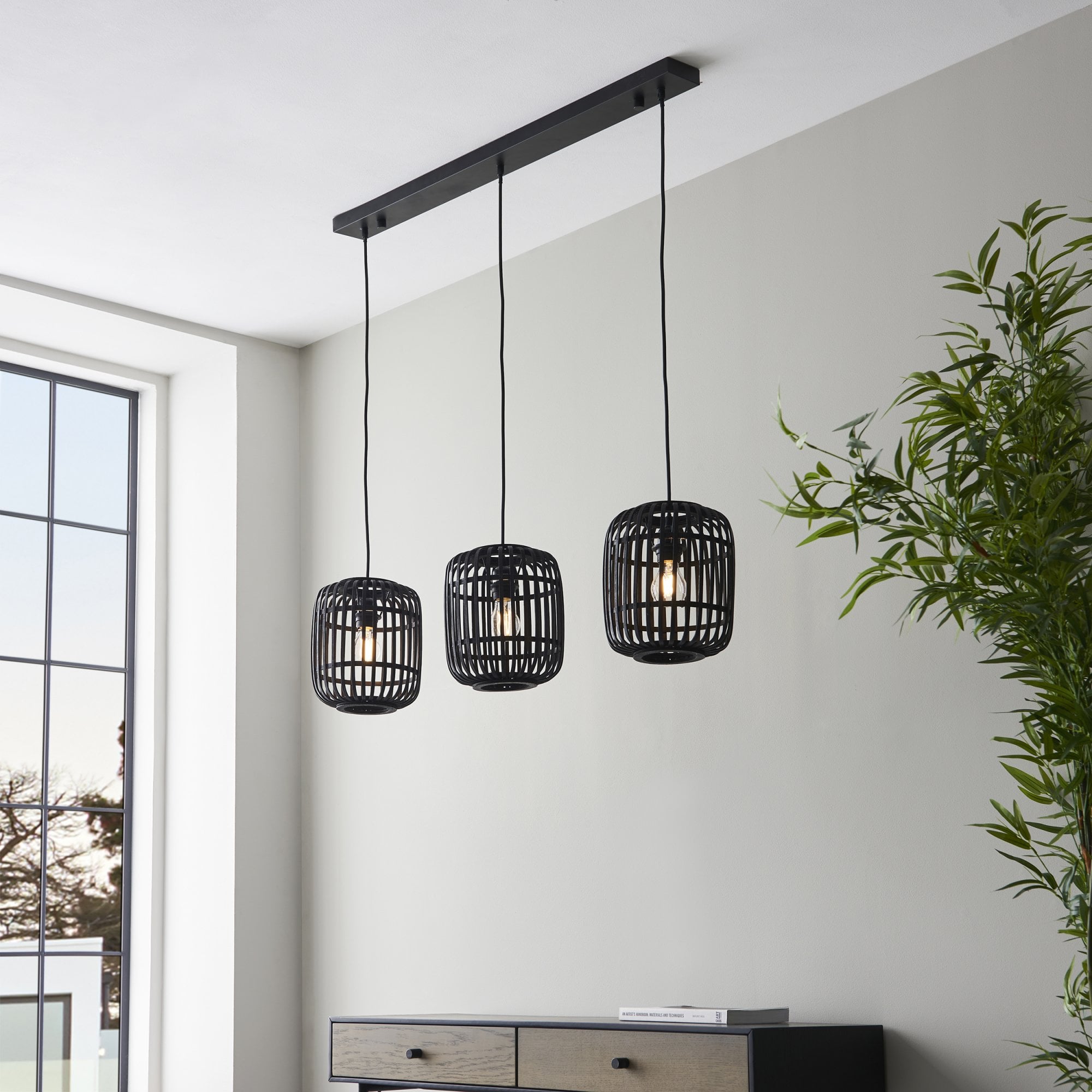 Endon Mathias Bamboo 3 Light Linear Pendant - Dark Stained Bamboo