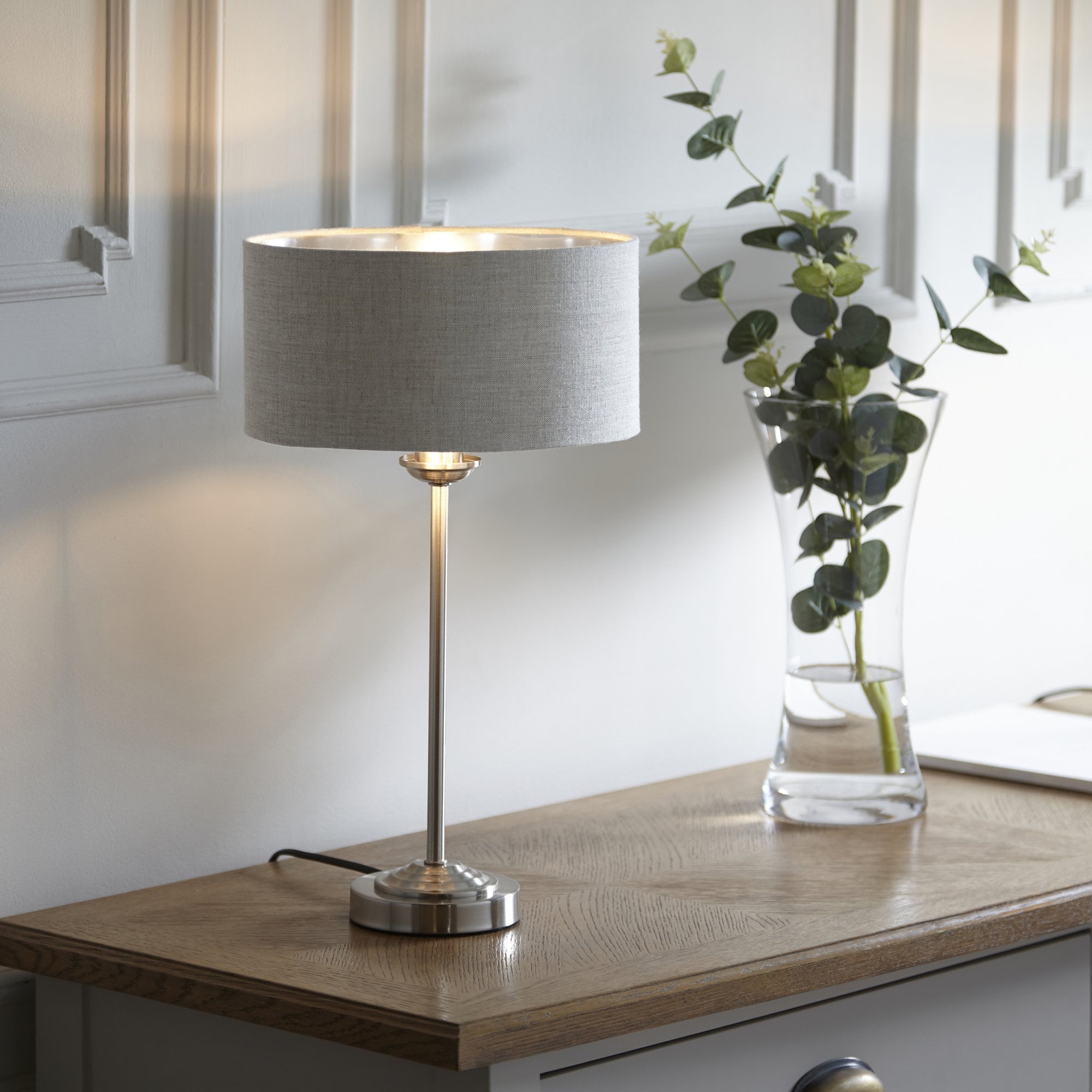 Endon Highclere Table Lamp - Brushed Chrome & Natural Linen