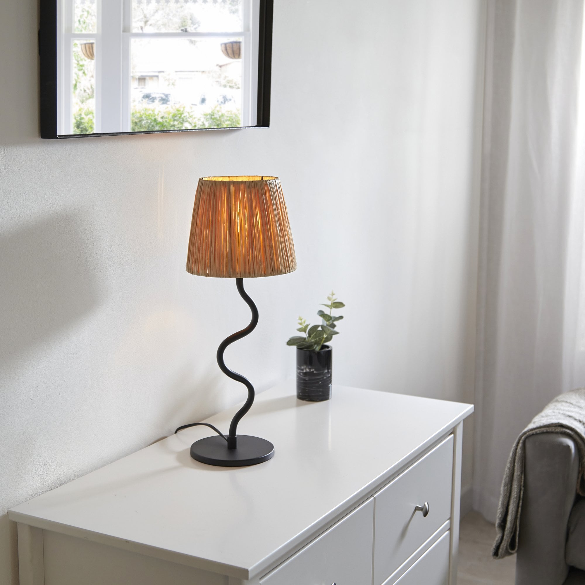 Endon Wriggle Table Lamp -  Matt Black & Natural Raffia Tapered Shade