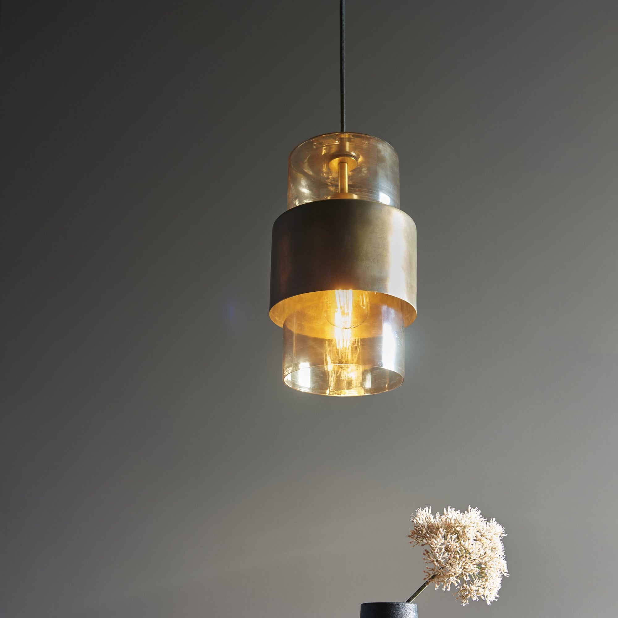 Utopia Swirl Single Pendant - Brass Patina With Champagne Tinted Glass