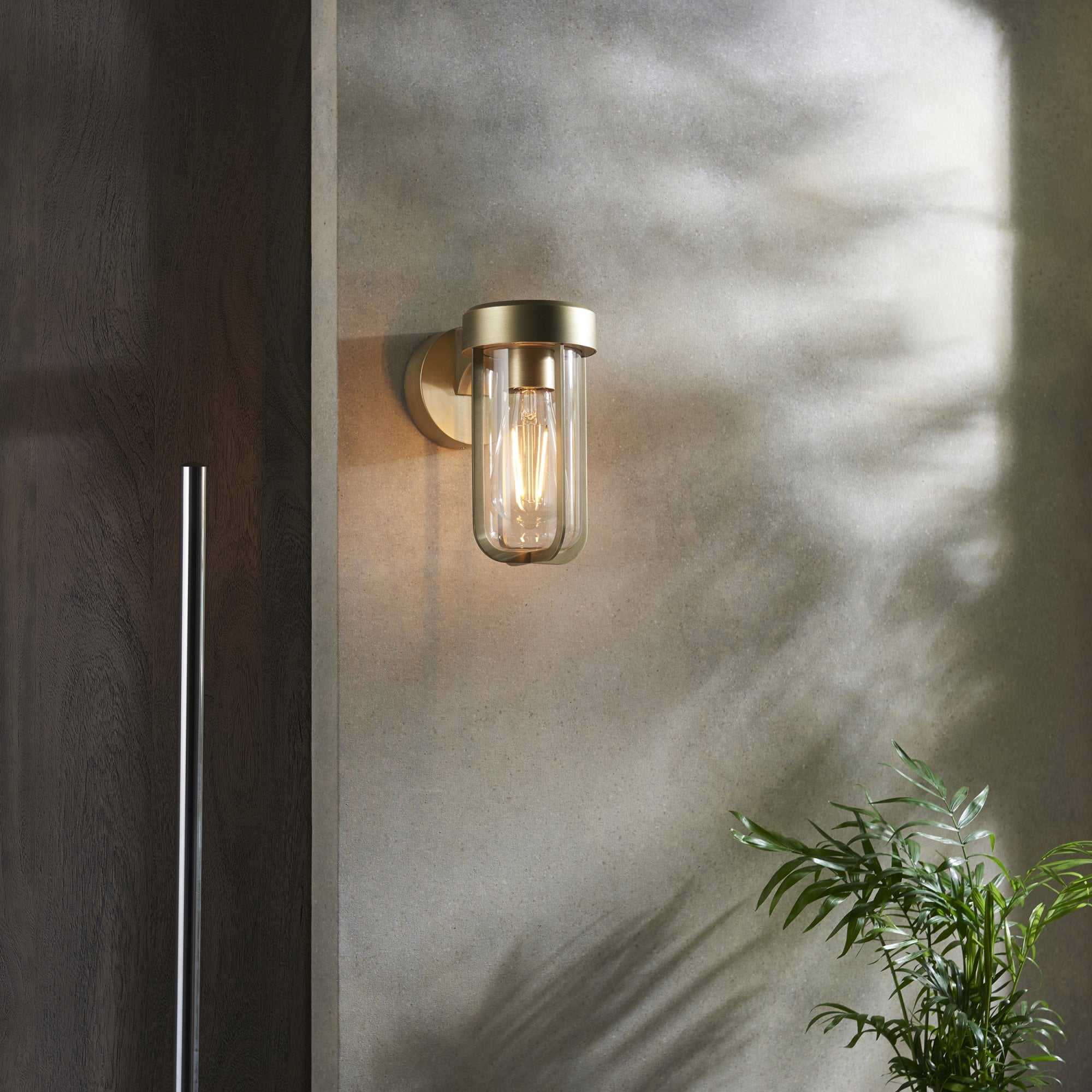Utopia Pluto IP44 Wall Light - Brushed Gold And Clear Glass - E27