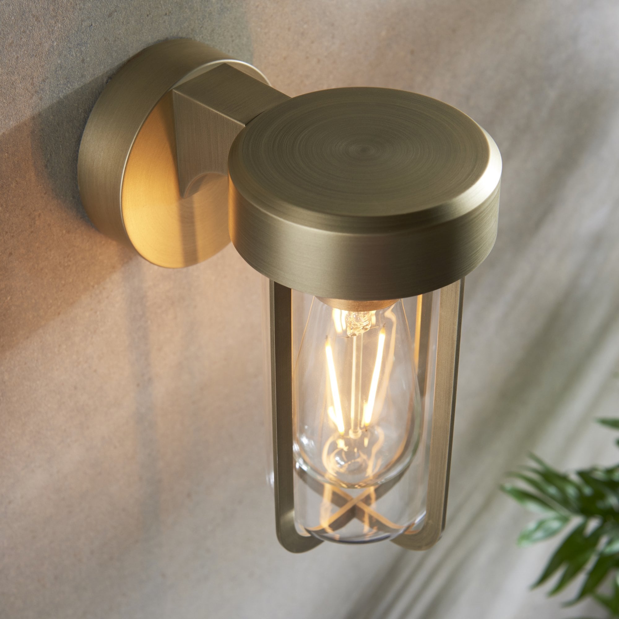 Utopia Pluto IP44 Wall Light - Brushed Gold And Clear Glass - E27