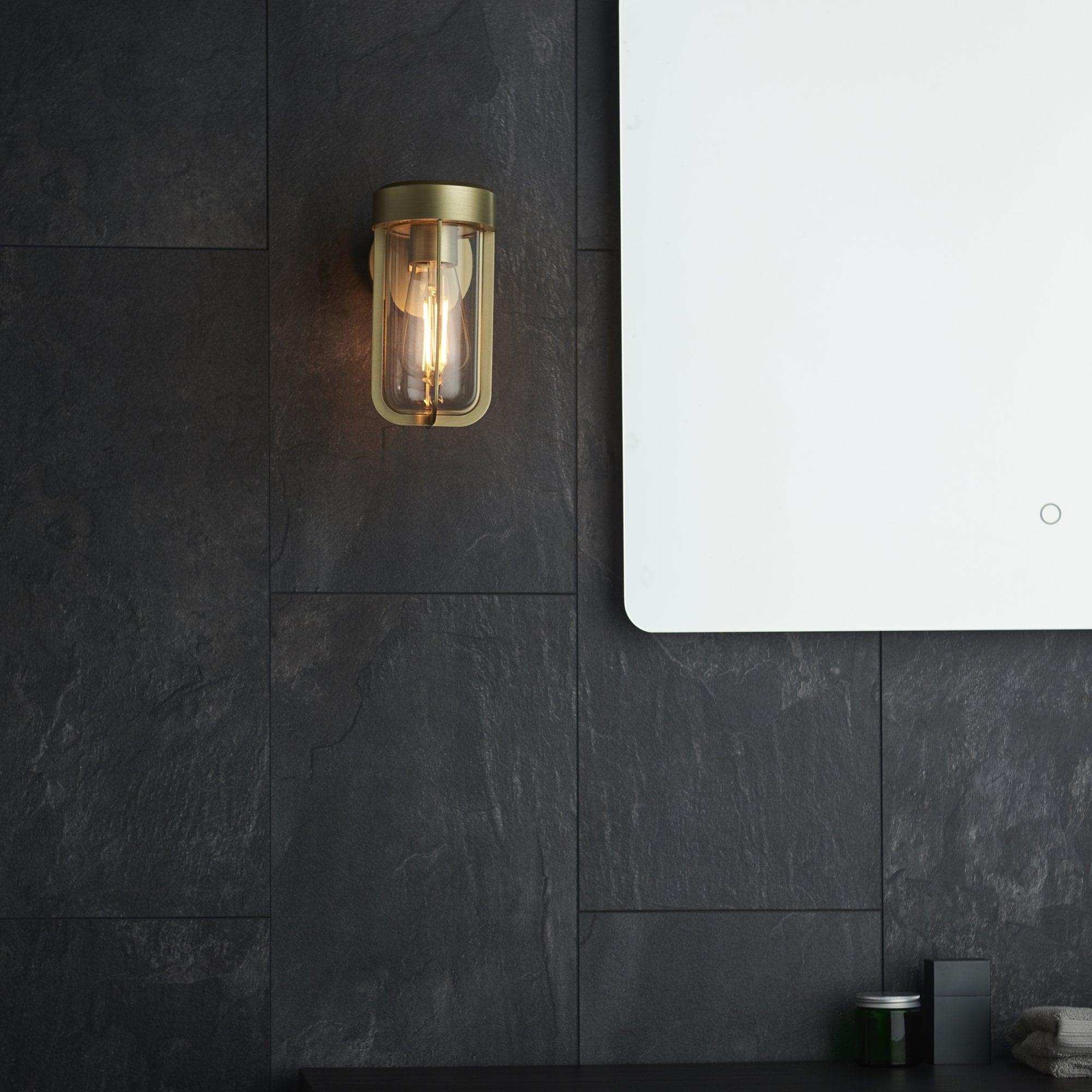 Utopia Pluto IP44 Wall Light - Brushed Gold And Clear Glass - E27